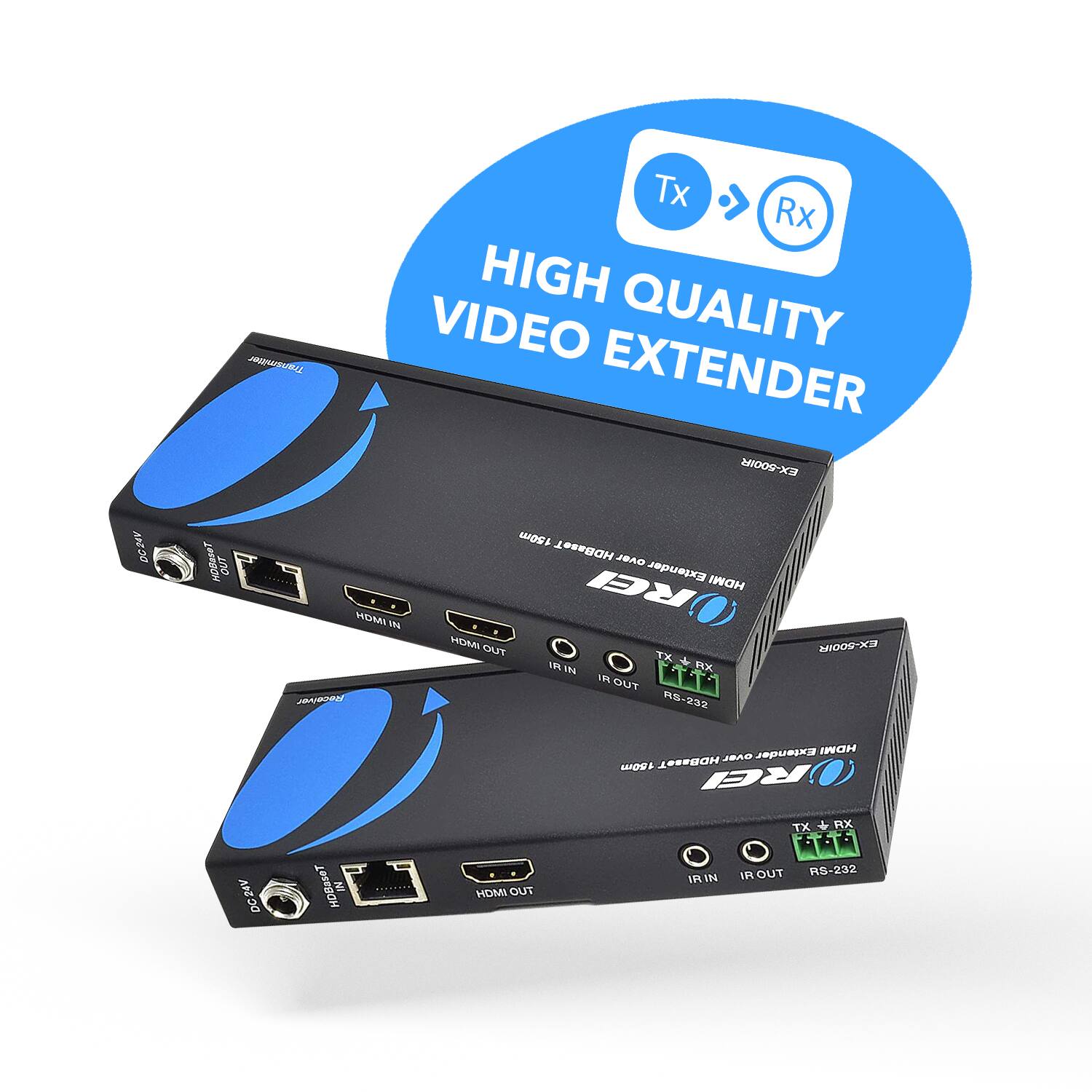 The text on the image can be grouped and corrected as follows:

**Product Name:**
- High Video Quality Extender EX-500IR

**Features:**
- HDBaseT Out
- HDMI In
- Maximum Distance: 150m
- HDBaseT over Extender
- HDMI Out
- IR In
- TX+RX
- IR Out
- RS-232

**Model:**
- EX-500IR Extender

**Ports:**
- HDMI In
- HDMI Out
- IR In
- IR Out
- RS-232

This text describes a high-quality video extender device that supports HDMI input and output, with an IR input and output, and RS-232 communication, capable of extending HDMI signals up to 150 meters using HDBaseT technology.