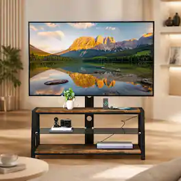 RYHNUYNE - Wooden Storage TV Stand, Rustic Brown Tempered Glass Height Adjustable Swivel Center - Acacia Wood
