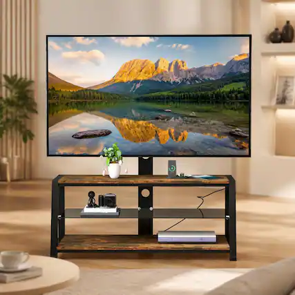 Front. RYHNUYNE - Wooden Storage TV Stand, Rustic Brown Tempered Glass Height Adjustable Swivel Center - Acacia Wood.