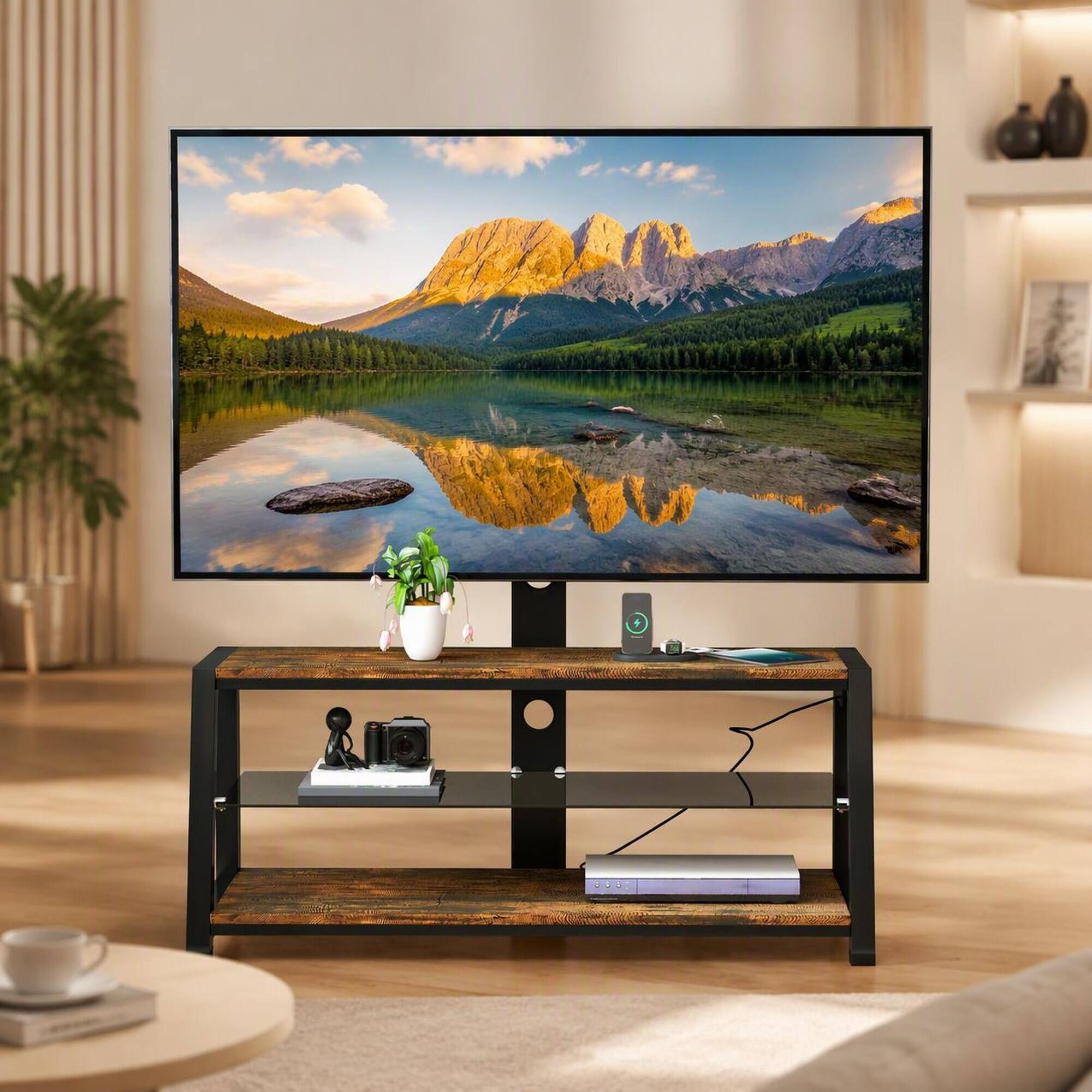 Front. RYHNUYNE - Wooden Storage TV Stand, Rustic Brown Tempered Glass Height Adjustable Swivel Center - Acacia Wood.