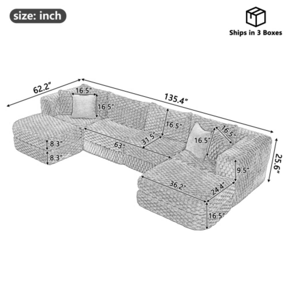 size: inch  
Ships in 3 Boxes  
62.2"  
16.5"  
16.5"  
135.4"  
8.3'  
8.3'  
63"  
16.5"  
31.5"  
16.5"  
16.5"  
9.5"  
36.2"  
24.4"  
25.6"  
16.5"