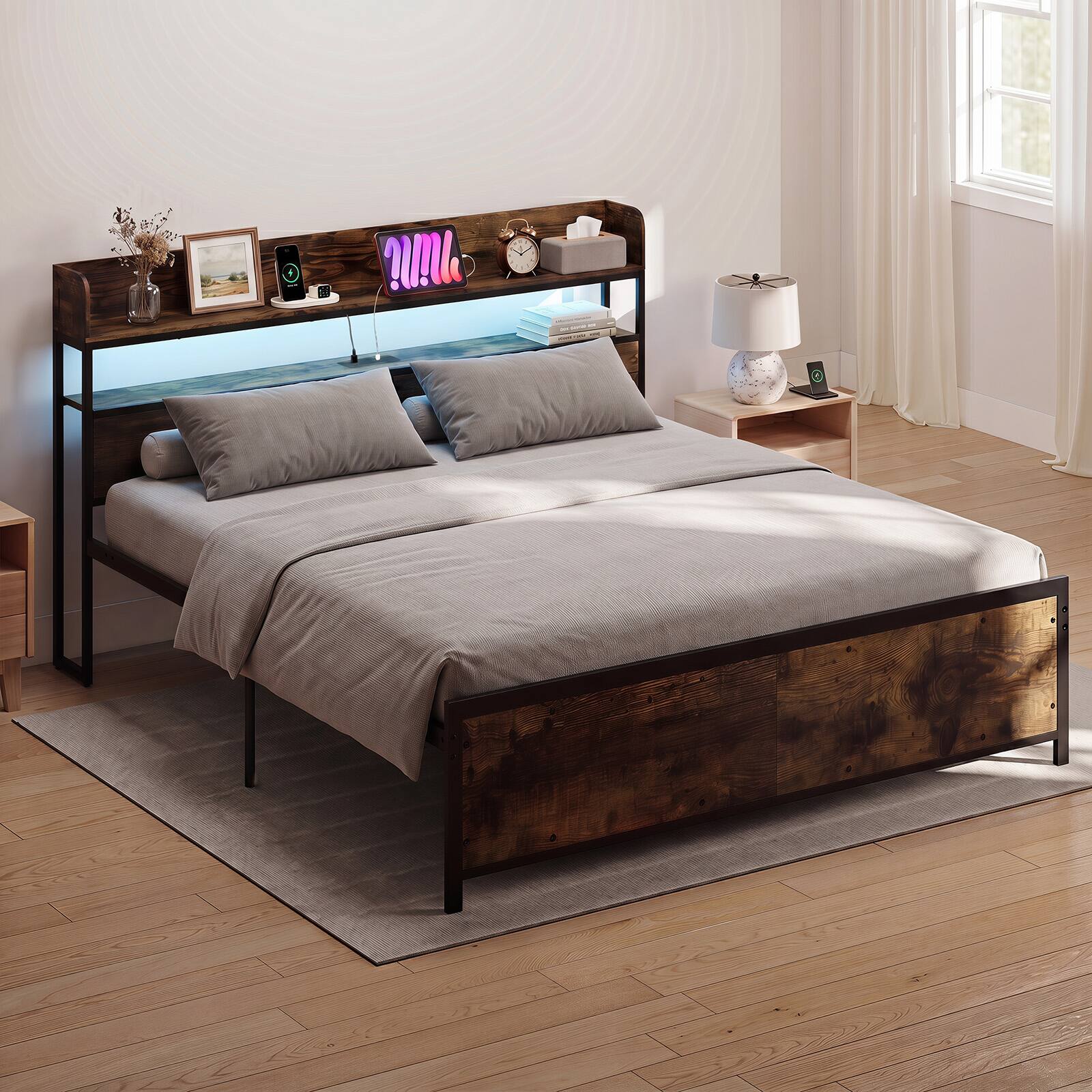 Alt View 3. Costway - Costway King Bed Frame with LED Lights Power Outlets Storage Headboard Metal Slat Support - Rustic Brown.