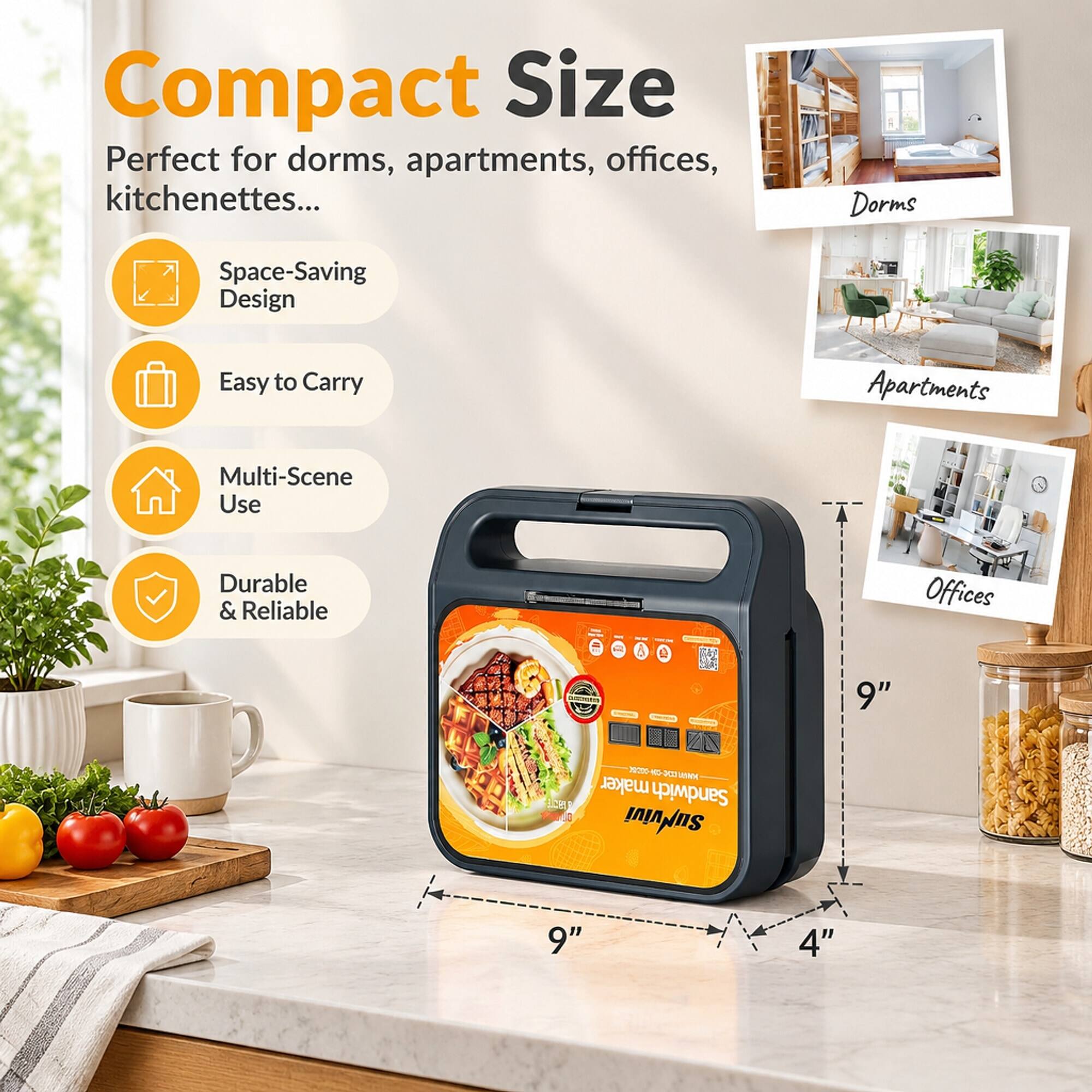 Compact Size  
Perfect for dorms, apartments, offices, kitchenettes...  
Space-Saving Design  
Easy to Carry  
Multi-Scene Use  
Durable & Reliable  

Dorms  
Apartments  
Offices  

9"  
4"