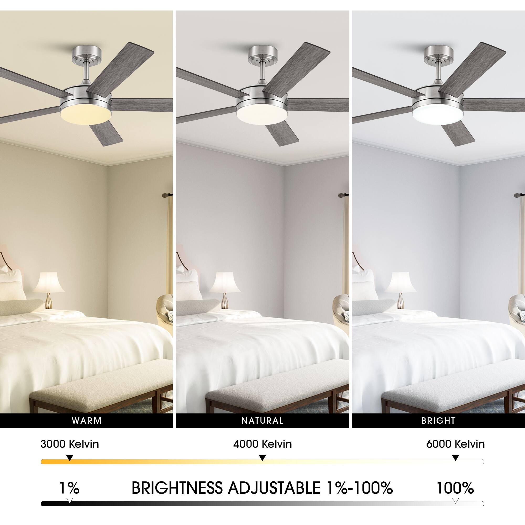 WARM NATURAL BRIGHT  
3000 Kelvin 4000 Kelvin 6000 Kelvin  
1% BRIGHTNESS ADJUSTABLE 1%-100% 100%