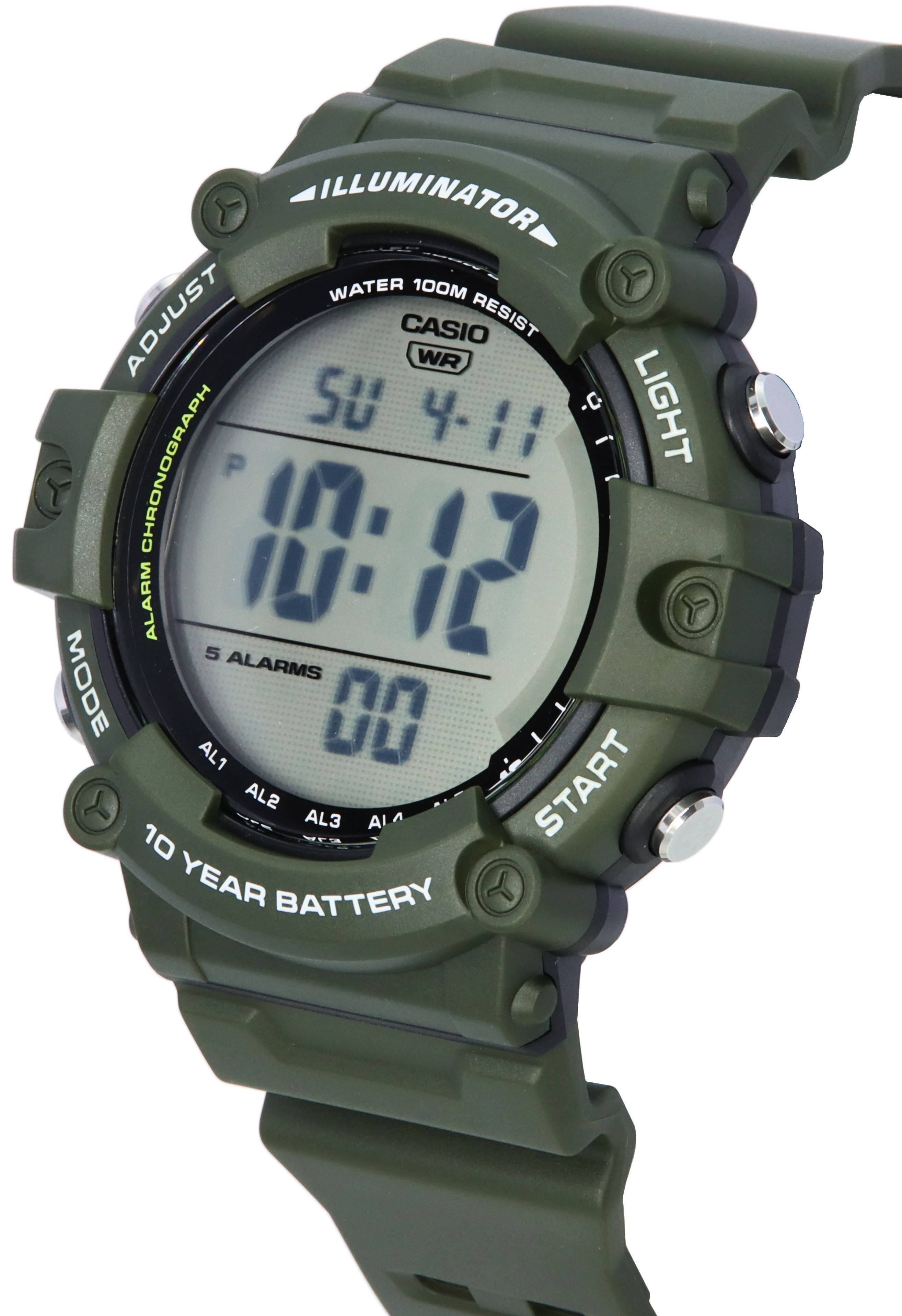 ILLUMINATOR  
WATER 100M RESIST  
CASIO  
WR  
SU 4-11  
LIGHT  
CHRONOGRAPH  
ALARM 5  
ALARMS  
10:12  
00  
AL1  
AL2  
AL3  
MODE  
START  
YEAR  
BATTERY  
10 YEAR BATTERY
