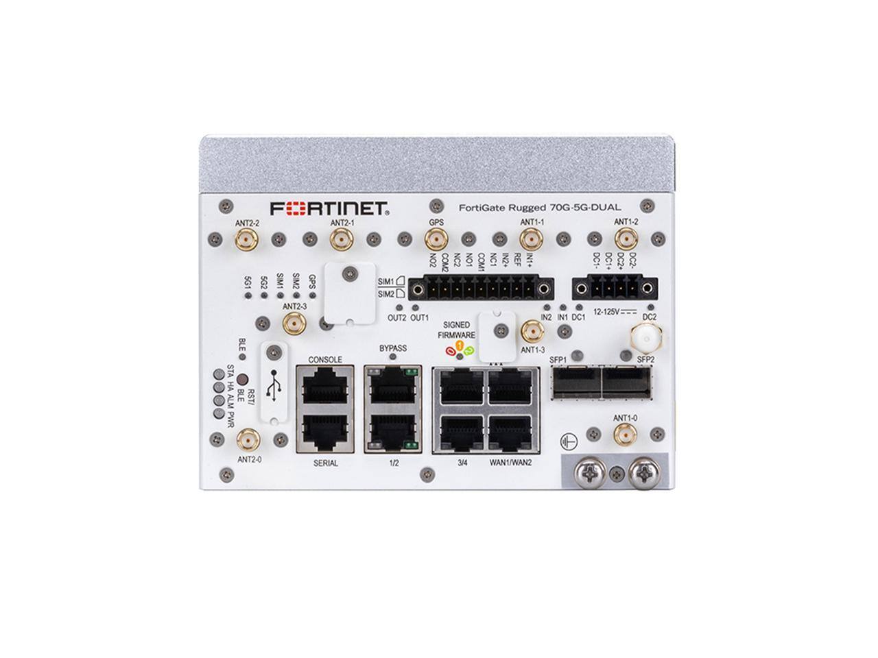FORTINET  
ANT2-2 ANT2-1  
FortiGate Rugged 70G-5G-DUAL  
ANT1-1 ANT1-2  
5G 5G2 BLE STA BLE RST ALM PWR  
SIM1 SIM2 GPS ANT2-3 CONSOLE  
NO2 COM2 NC2 NO1 COM1 NC1 IN2+ REF +LNI DC1- DC1+ DC2+ DC2- SIM1 SIM2 12-125V OUT2 OUT1 IN2 IN1 DC1 DC2 SIGNED FIRMWARE BYPASS 1 ANT1-3 SFP1 SFP2 ANT1-0  
ANT2-0  
SERIAL  
1/2  
3/4  
WAN1/WAN2