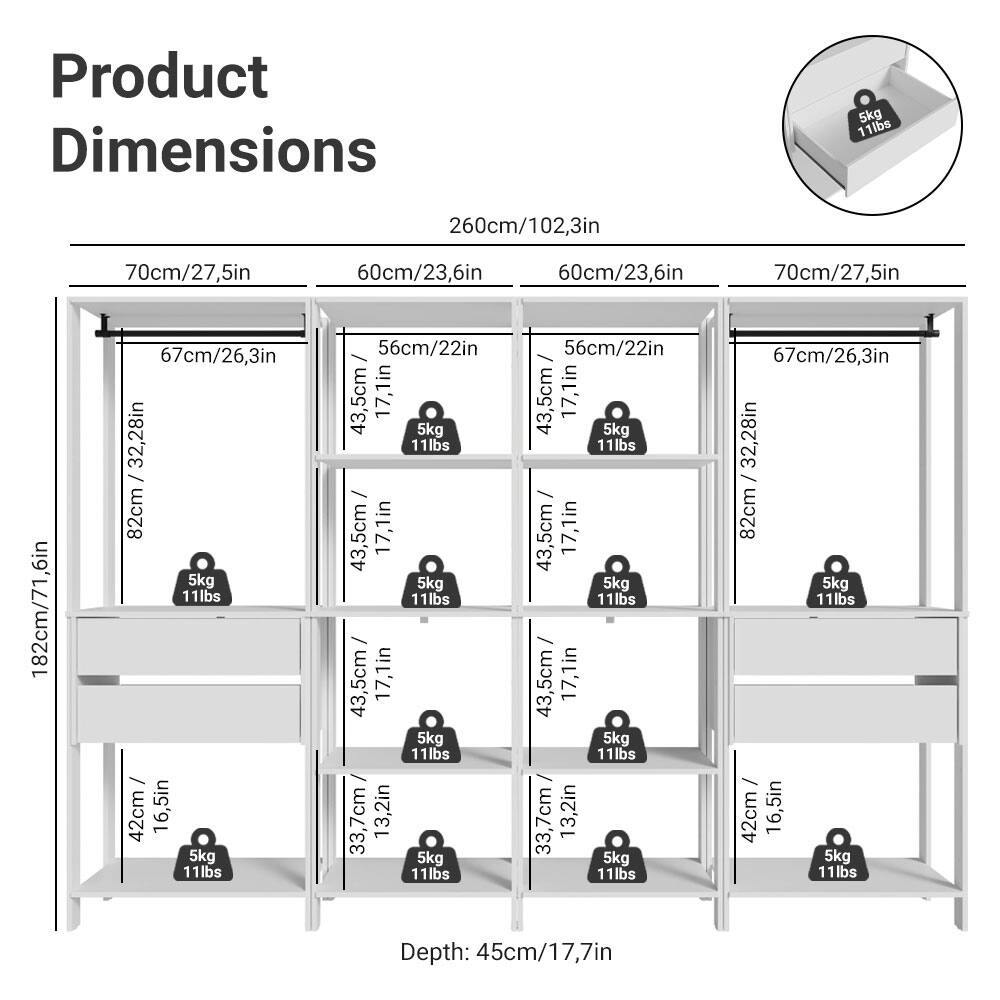 Product Dimensions

- 260cm/102.3in
- 70cm/27.5in
- 60cm/23.6in
- 60cm/23.6in
- 70cm/27.5in
- 67cm/26.3in
- 182cm/71.6in
- 67cm/26.3in
- 32.28in / 82cm
- 5kg 11lbs
- 42cm/ 16.5in
- 56cm/22in
- 43.5cm/ 17.1in
- 33.7cm/ 13.2in
- Depth: 45cm/17.7in