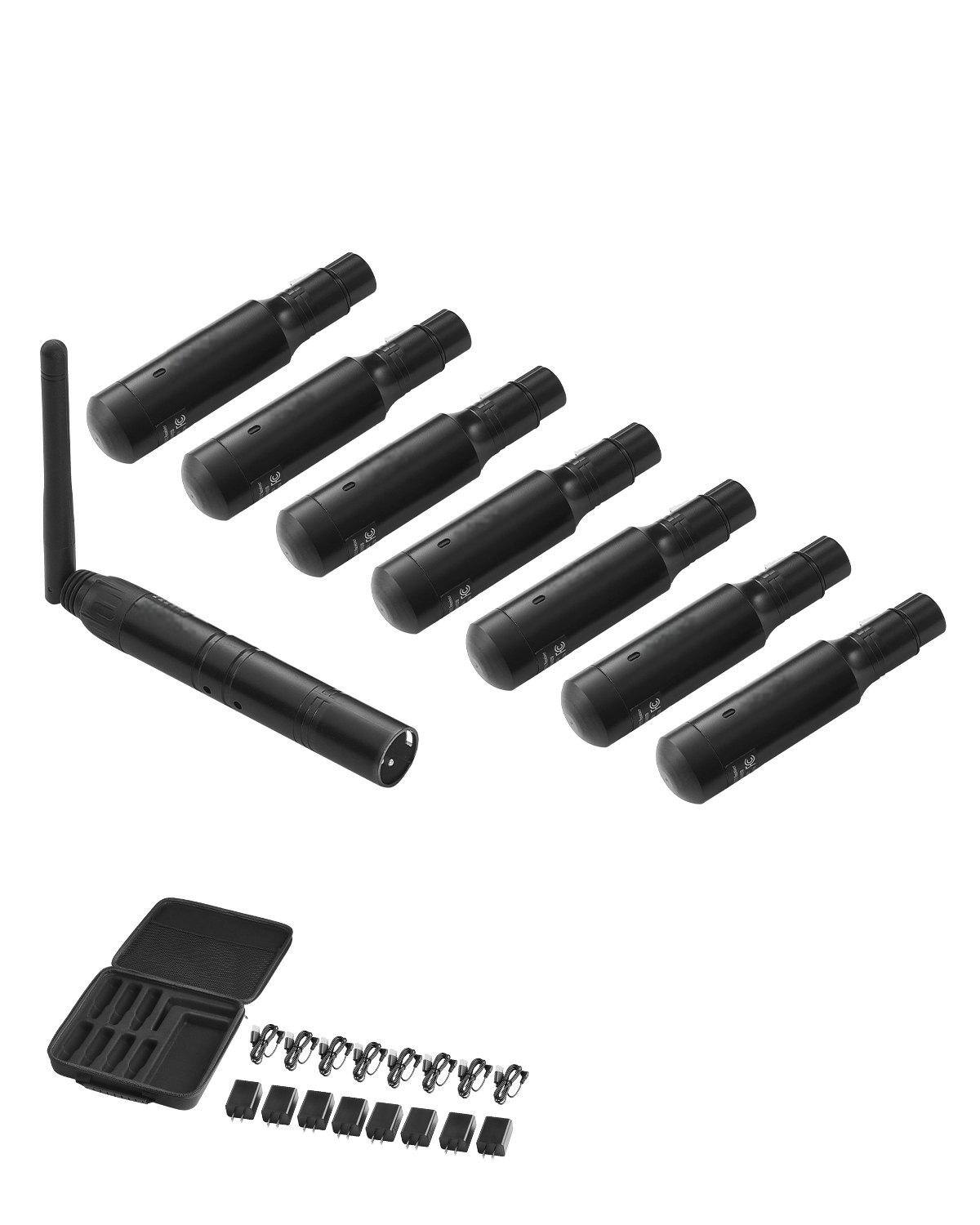 Front. Glintex - DMX Wireless Receiver 7 Receivers 1 Transmitter 2.4G ISM Band 656ft Range Rechargeable Stage Lighting Control for DJ Bar.