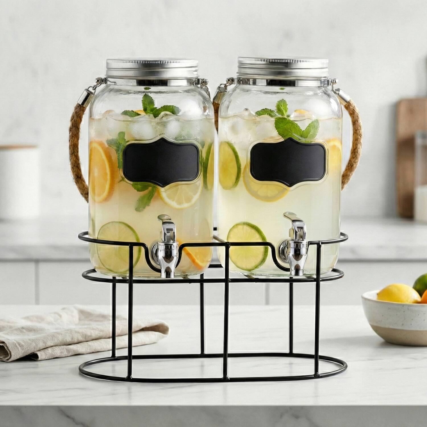 Left. Style Setter - Trent Chalkboard Beverage Dispenser Set with stand & Rope Handle 1 Gal Each - Clear.