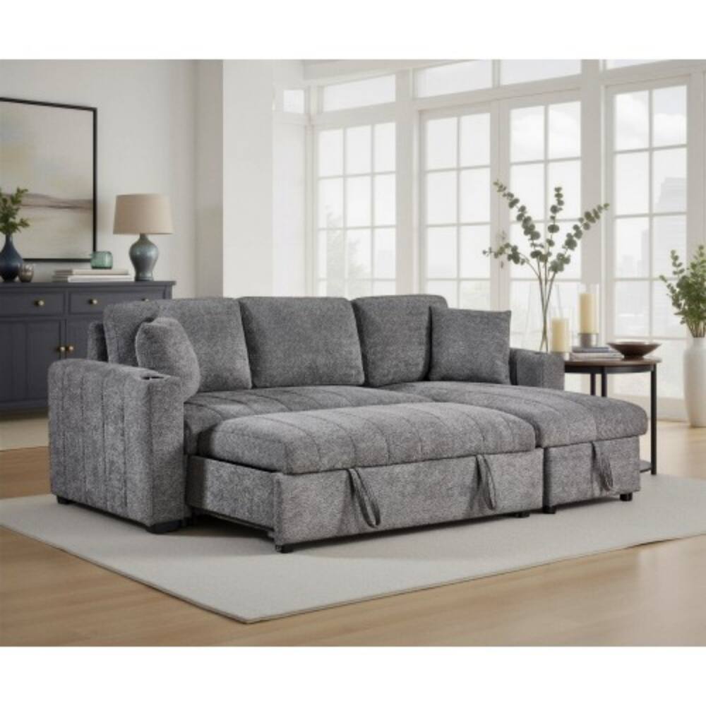 Left. LUCKY ONE - 96" Gray Boucle Reversible Sleeper Sectional Sofa with Storage Chaise, Cupholders, USB Charging, and Throw Pillows - Gray.