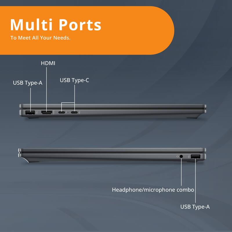 Multi Ports To Meet All Your Needs. HDMI USB Type-A USB Type-C Headphone/microphone combo USB Type-A
