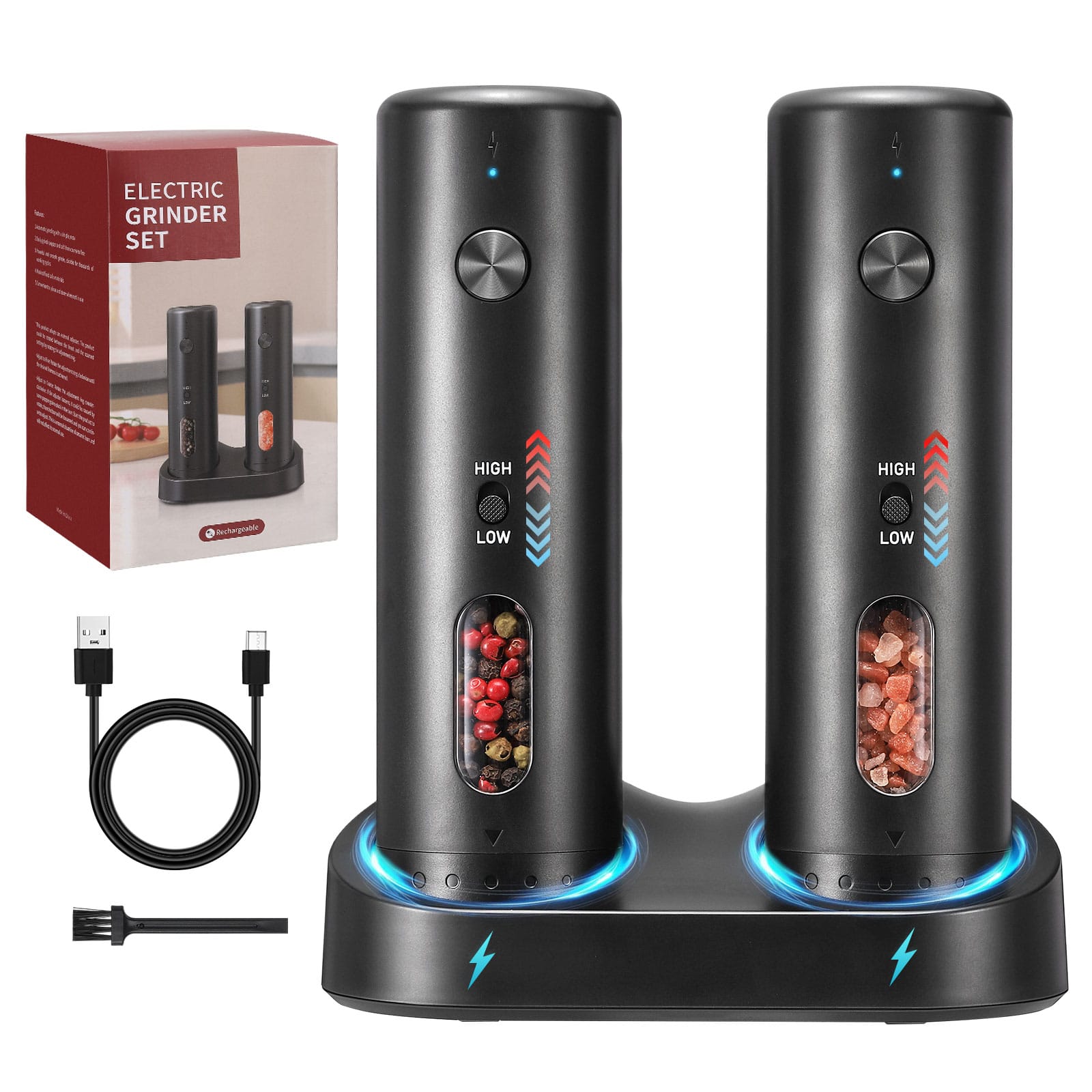 Unique Bargains - Rechargeable Salt Grinder Set Top-Refill Electric Grinders with Variable Grinding Speed External Adjustable Coarseness - Black