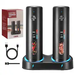 Unique Bargains - Rechargeable Salt Grinder Set Top-Refill Electric Grinders with Variable Grinding Speed External Adjustable Coarseness - Black