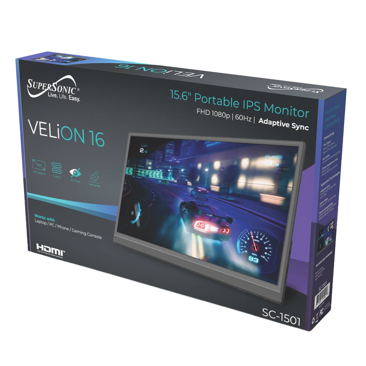 VELION1E C SUPERSONIC Live. 15.6" MO Lite. Easy. Portable IPS RoSs FHD 1080p 60Hz Monitor Seamless Smart | Adaptive Cb VELiON Sync 16 De > J  LAP -  2 den SF 3m ang E - u - ar S Ar J = - - T Seare - Pertondi FOA A Sutore Ug 1 J   F AN - d Works with - Laptop - DC I Phone - Gaming Console - . a . - . - 1 . I HOMI - :  - mne 93 -o 9 R SC-1501
