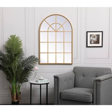 Front. Elegant Decor - Metal windowpane mirror 28 inch x 41 inch in in Brass - Brass.