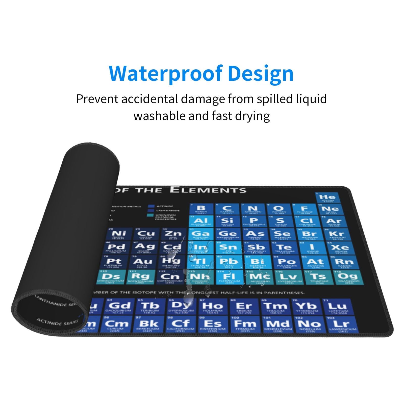 Waterproof Design  
Prevent accidental damage from spilled liquid  
washable and fast drying  

OF THE ELEMENTS  

A B C N O F He Ne  
Li Be B C N O F Ne  
Na Mg Al Si P S Cl Ar  
K Ca Sc Ti V Cr Mn Fe Co Ni Cu Zn Ga Ge As Se Br Kr  
Rb Sr Y Zr Nb Mo Tc Ru Rh Pd Ag Cd In Sn Sb Te I Xe  
Cs Ba La Hf Ta W Re Os Ir Pt Au Hg Tl Pb Bi Po At Rn  
Fr Ra Ac Rf Db Sg Bh Hs Mt Ds Rg Cn Nh Fl Mc Lv Ts Og  
La Ce Pr Nd Pm Sm Eu Gd Tb Dy Ho Er Tm Yb Lu  
Ac Th Pa U Np Pu Am Cm Bk Cf Es Fm Md No Lr  

NUMBER OF THE ISOTOPE WITH THE LONGEST HALF-LIFE IS IN PARENTHESES.  

LANTHANIDE SERIES  
ACTINIDE SERIES