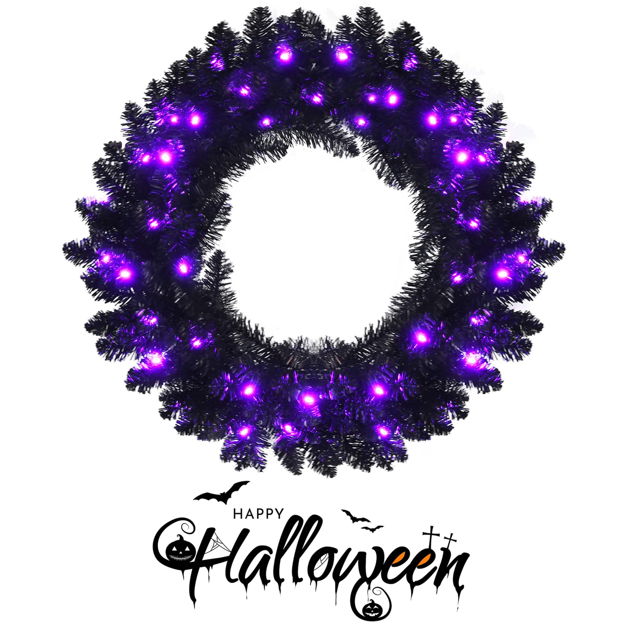 Gymax - 24'' Pre-lit Halloween Wreath Christmas Wreath w/ Purple LED lights - Black