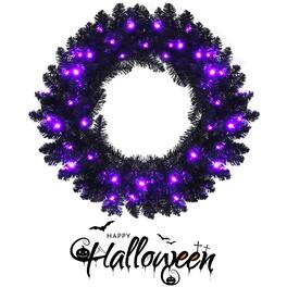 Gymax - 24'' Pre-lit Halloween Wreath Christmas Wreath w/ Purple LED lights - Black