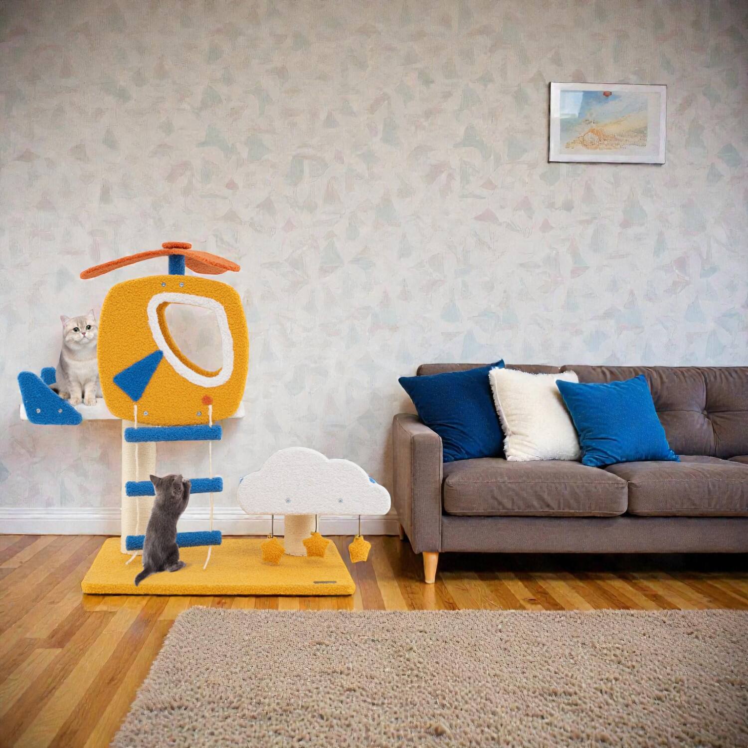 Front. BreeBe - Small Indoor Cat Tower with Aviation Theme and Helicopter Top Perch - Yellow.