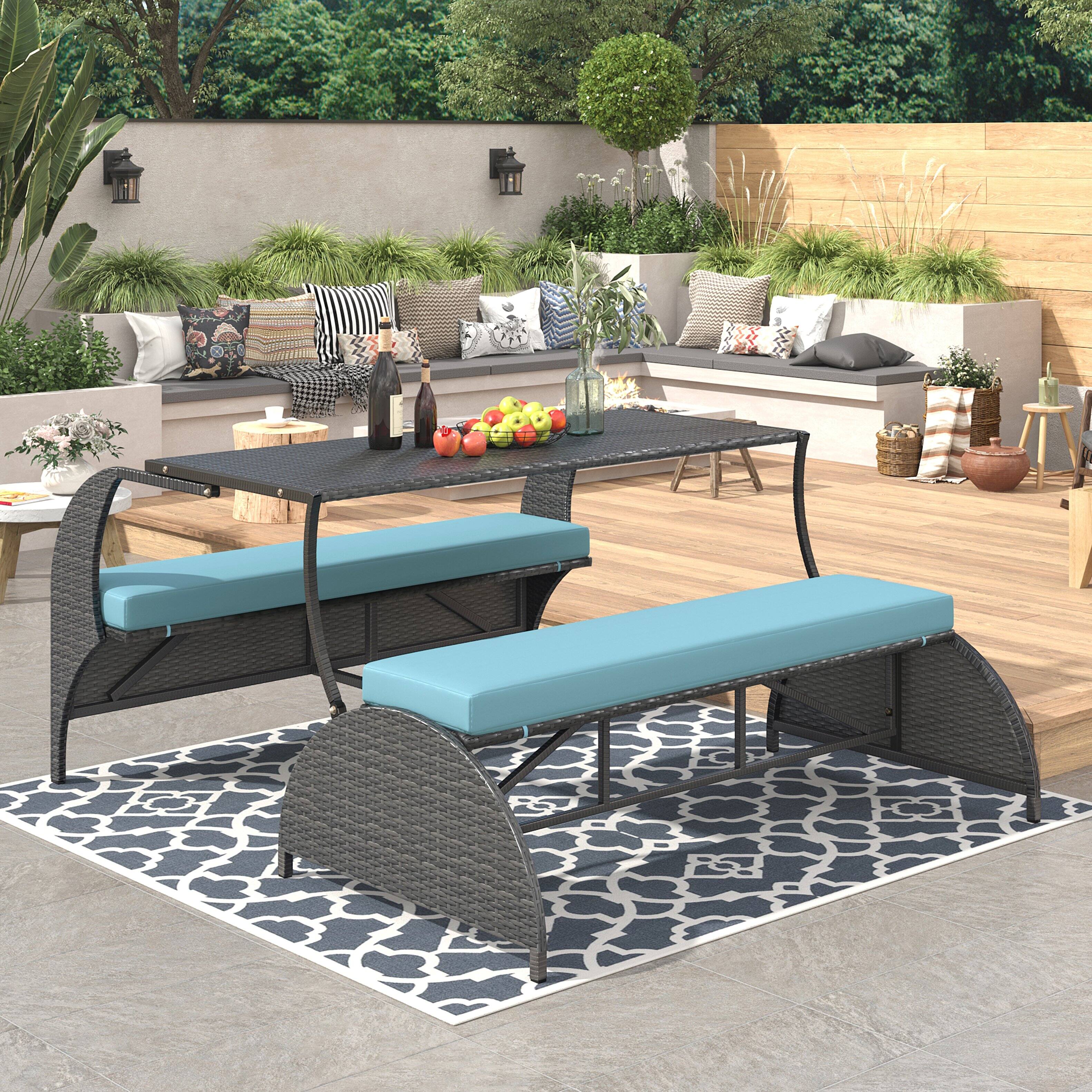 Front. APRILSOUL - 2 In 1 Convertible Picnic Upholstered Bench Table 571 Outdoor Loveseat 4 Seats 1 Table Garden Lawn - Blue.