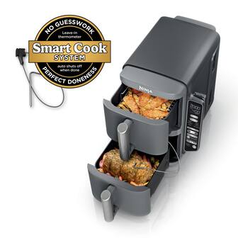 The image features a Ninja 2000 Foodi Smart Cook System, which is a multi-purpose cooking appliance. It has a leave-in thermometer that automatically shuts off when the food is cooked to perfection, ensuring that the dish is cooked to the right temperature. The image also shows that the appliance is designed for easy use, with no guesswork required.