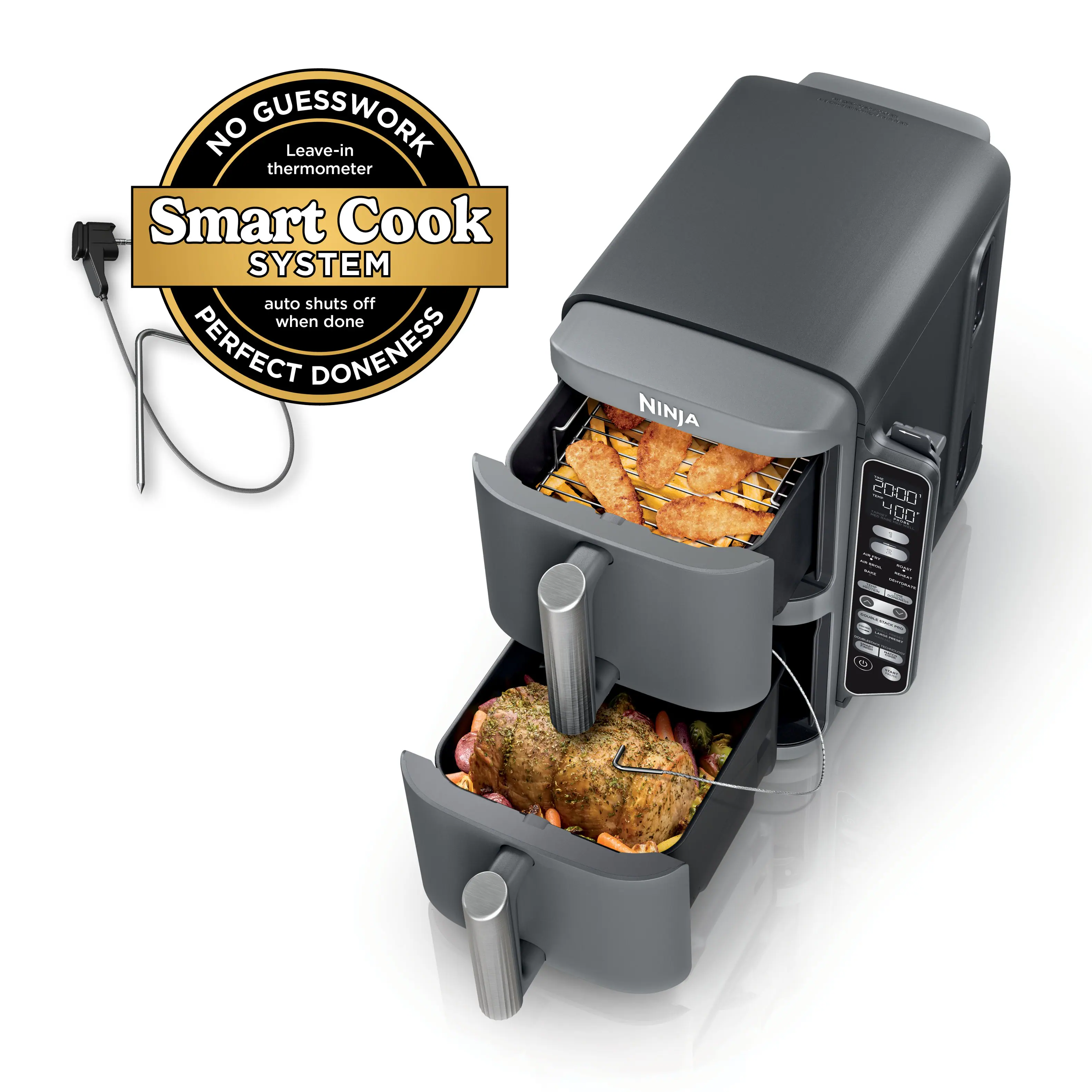 The image features a Ninja 2000 Foodi Smart Cook System, which is a multi-purpose cooking appliance. It has a leave-in thermometer that automatically shuts off when the food is cooked to perfection, ensuring that the dish is cooked to the right temperature. The image also shows that the appliance is designed for easy use, with no guesswork required.