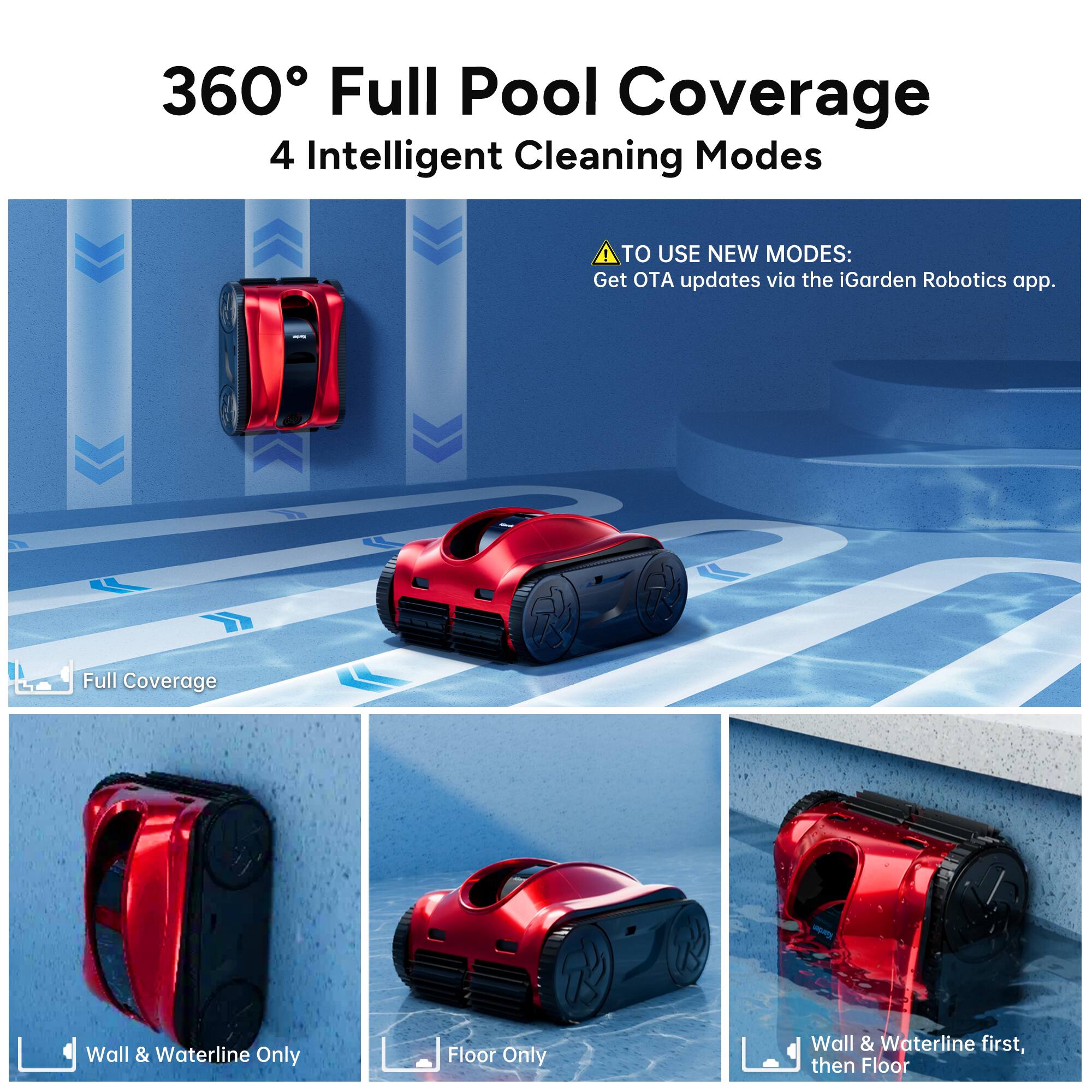 360° Full Pool Coverage  
4 Intelligent Cleaning Modes  

TO USE NEW MODES:  
Get OTA updates via the iGarden Robotics app.  

- Full Coverage  
- Wall & Waterline Only  
- Floor Only  
- Wall & Waterline first, then Floor