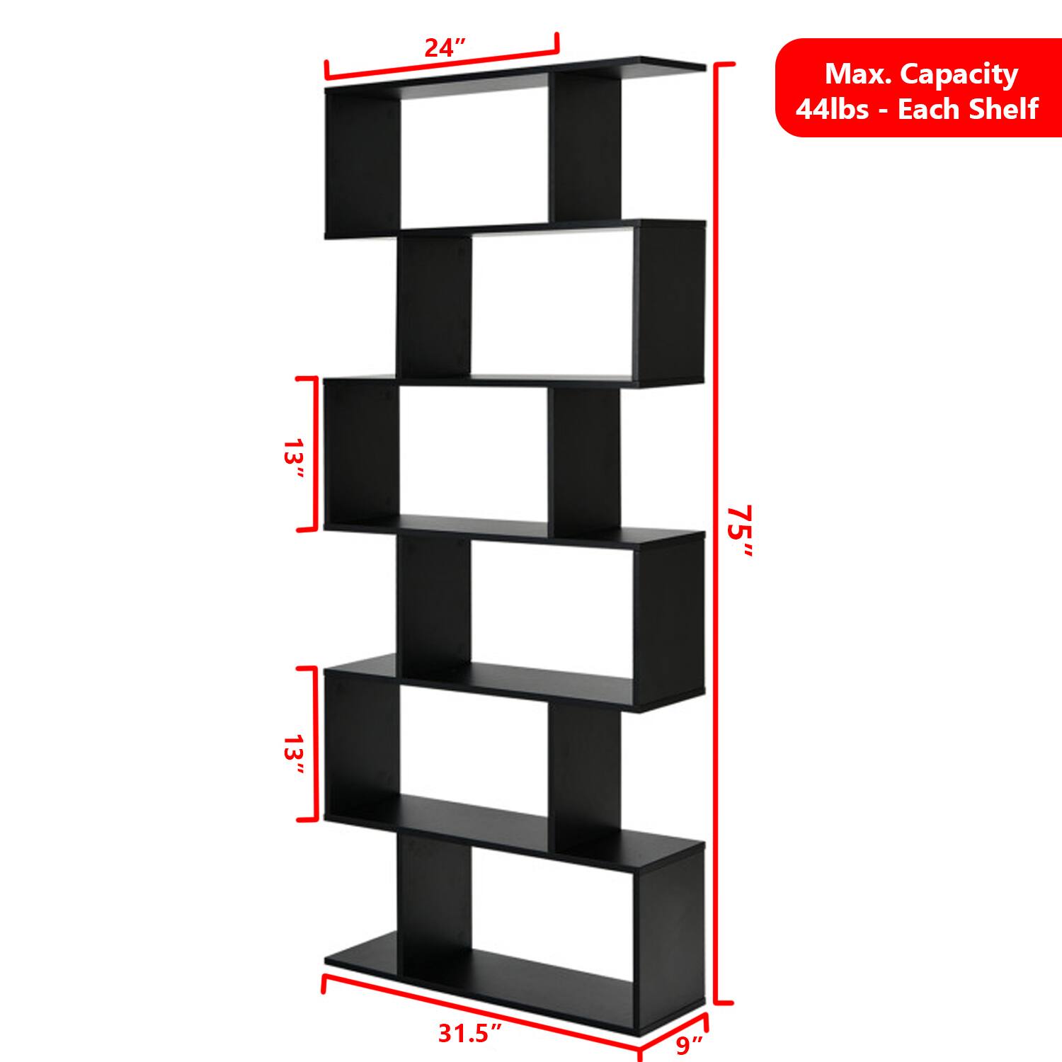 24" Max. Capacity 44lbs - Each Shelf  
13" x 75" x 13"  
31.5" x 9"