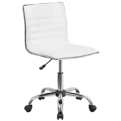 Front. Emma + Oliver - Low Back Designer Armless Ribbed Swivel Task Office Chair - White Vinyl/Chrome Frame.