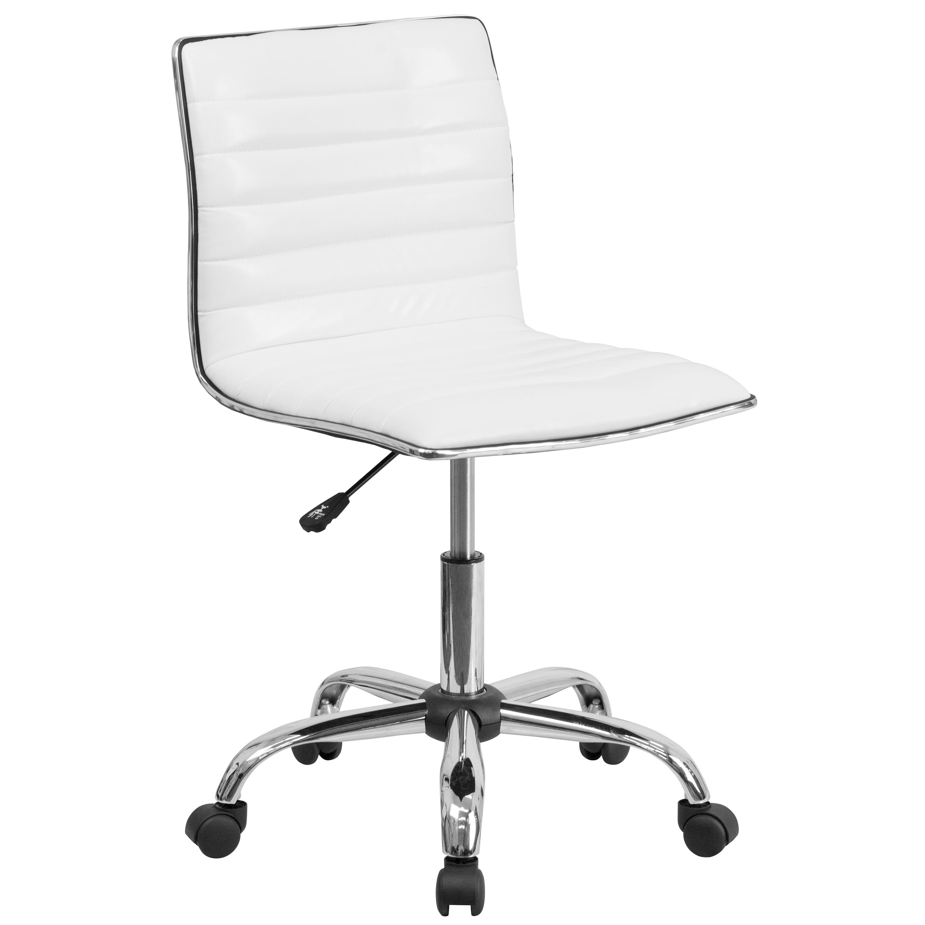 Front. Emma + Oliver - Low Back Designer Armless Ribbed Swivel Task Office Chair - White Vinyl/Chrome Frame.