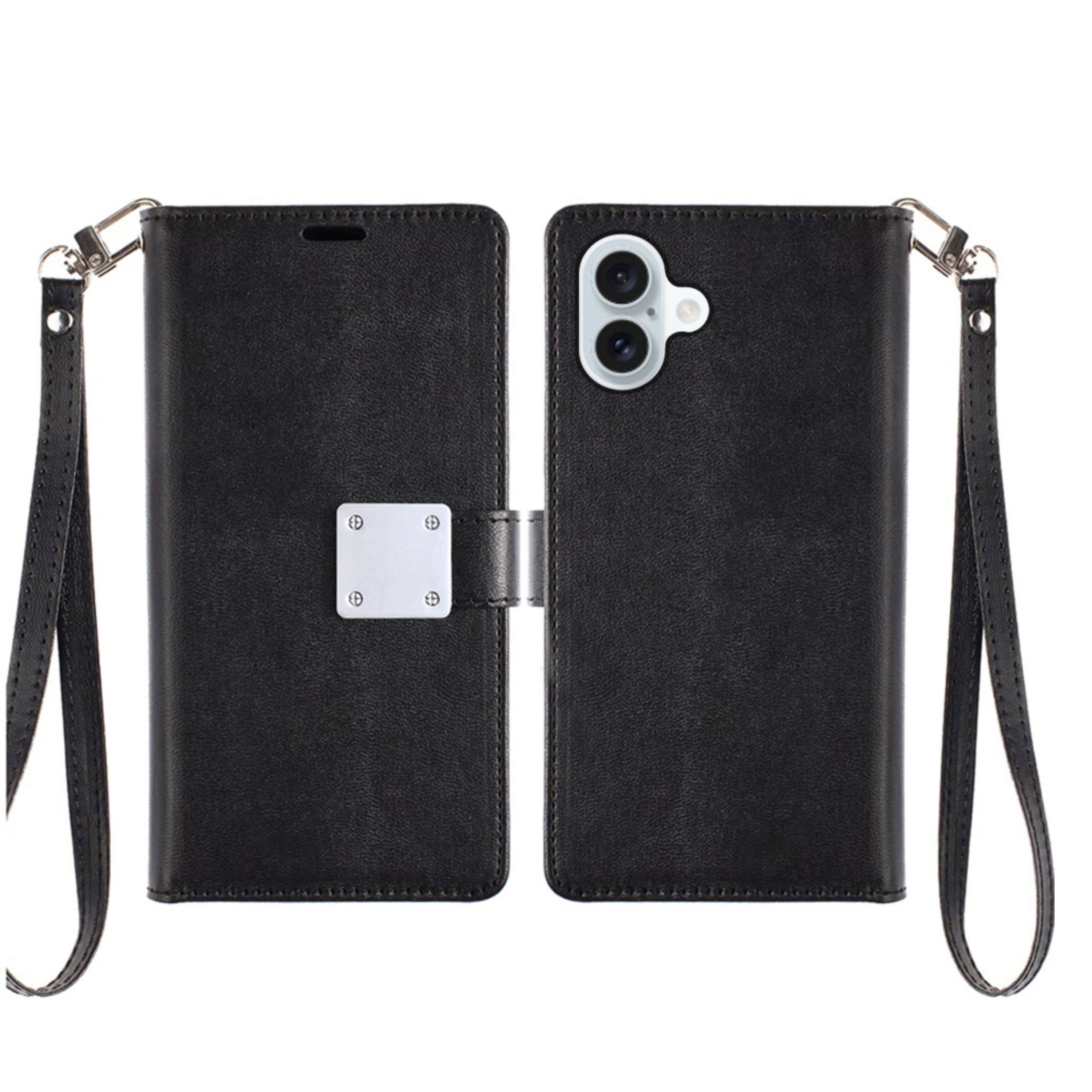 Left. Kitcheniva - PU Leather Phone Wallet Phone Case With Wrist Strap Tempered Glass For iPhone 17 Black - Black.