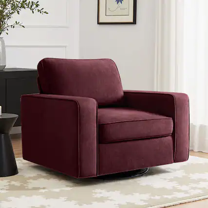Front. KERDOM - Swivel Barrel Sofa Chair, Modern Single Sofa Lounge Bucket Armchair, Rotating Accent Sofa Rotation Base, Washable Pillow - Merlot.