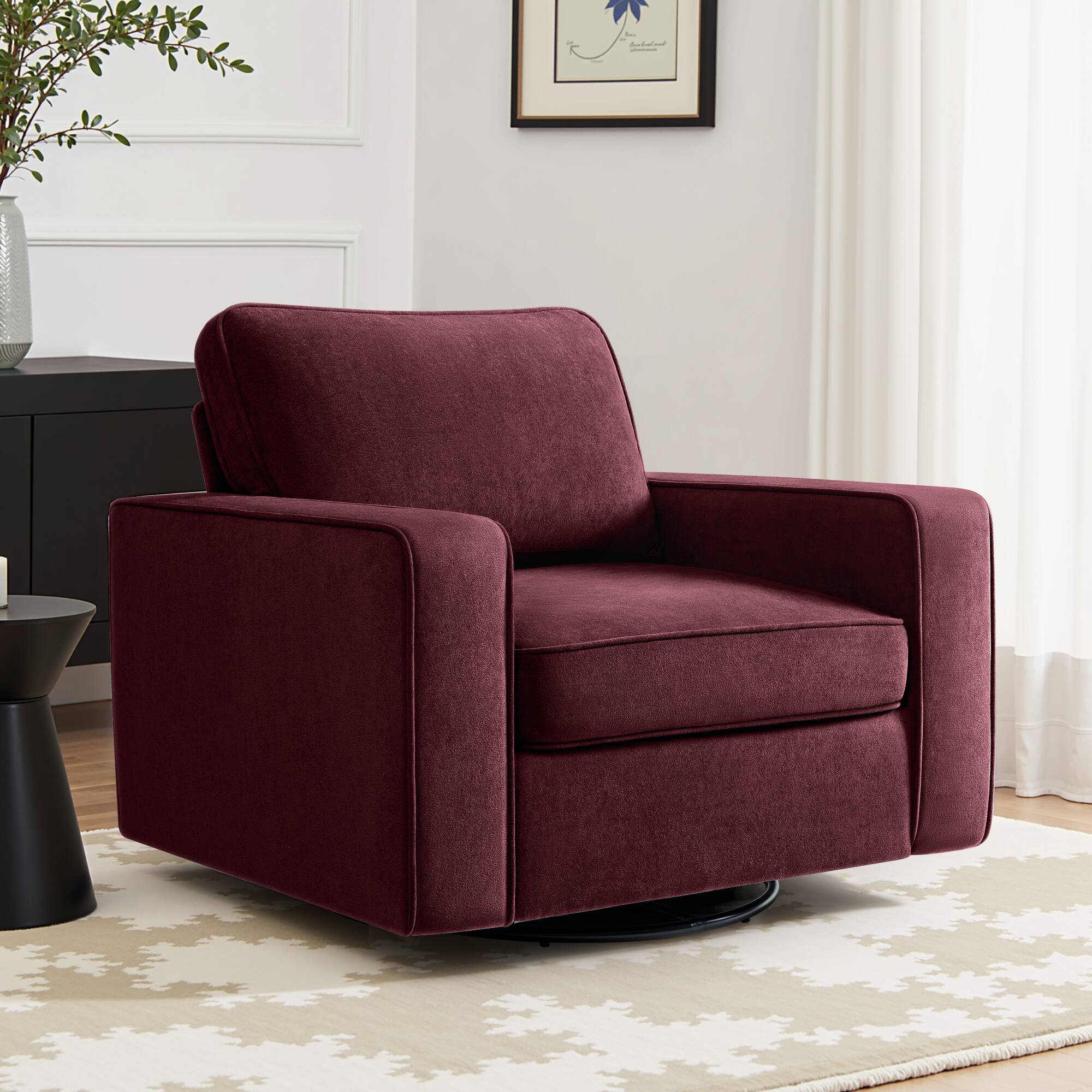 Front. KERDOM - Swivel Barrel Sofa Chair, Modern Single Sofa Lounge Bucket Armchair, Rotating Accent Sofa Rotation Base, Washable Pillow - Merlot.
