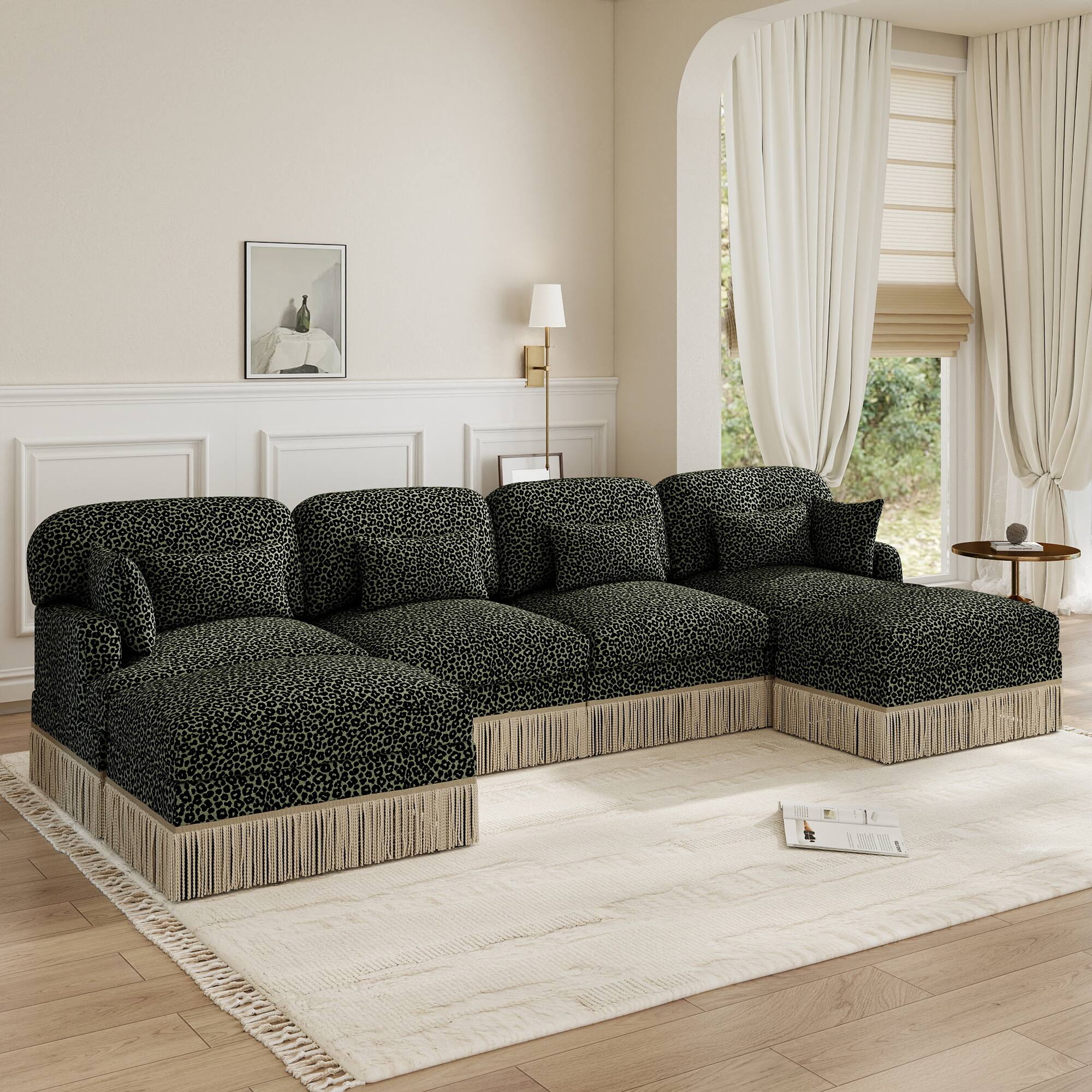 Angle. Anysun - 131" Comfy Chenille Leopard Print U-Shaped Modern Fashion Sofa – Delicate Tassel Edge, Movable Ottomans, Easy Assembly - Green.