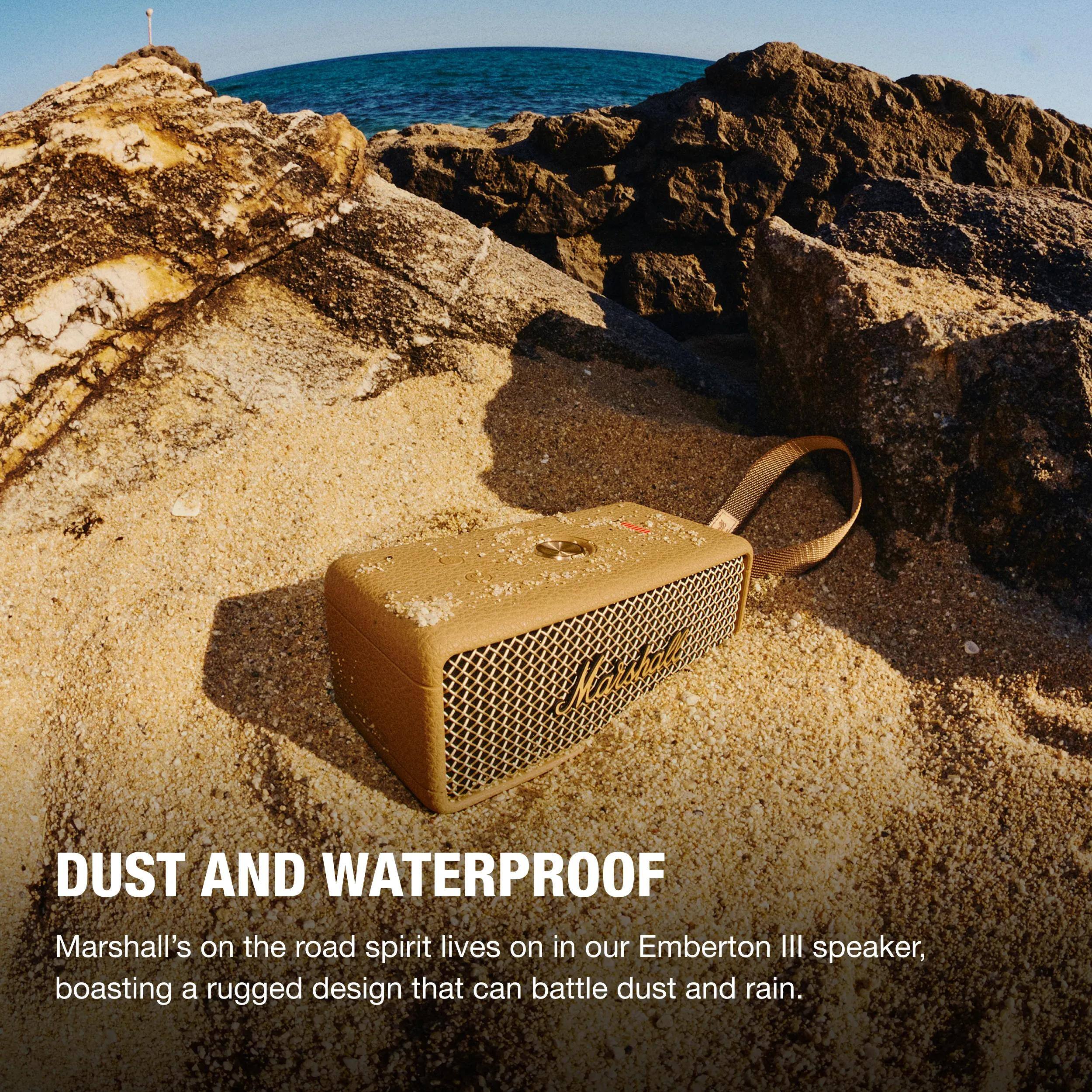 DUST AND WATERPROOF

Marshall's on the road spirit lives on in our Emberton III speaker, boasting a rugged design that can battle dust and rain.