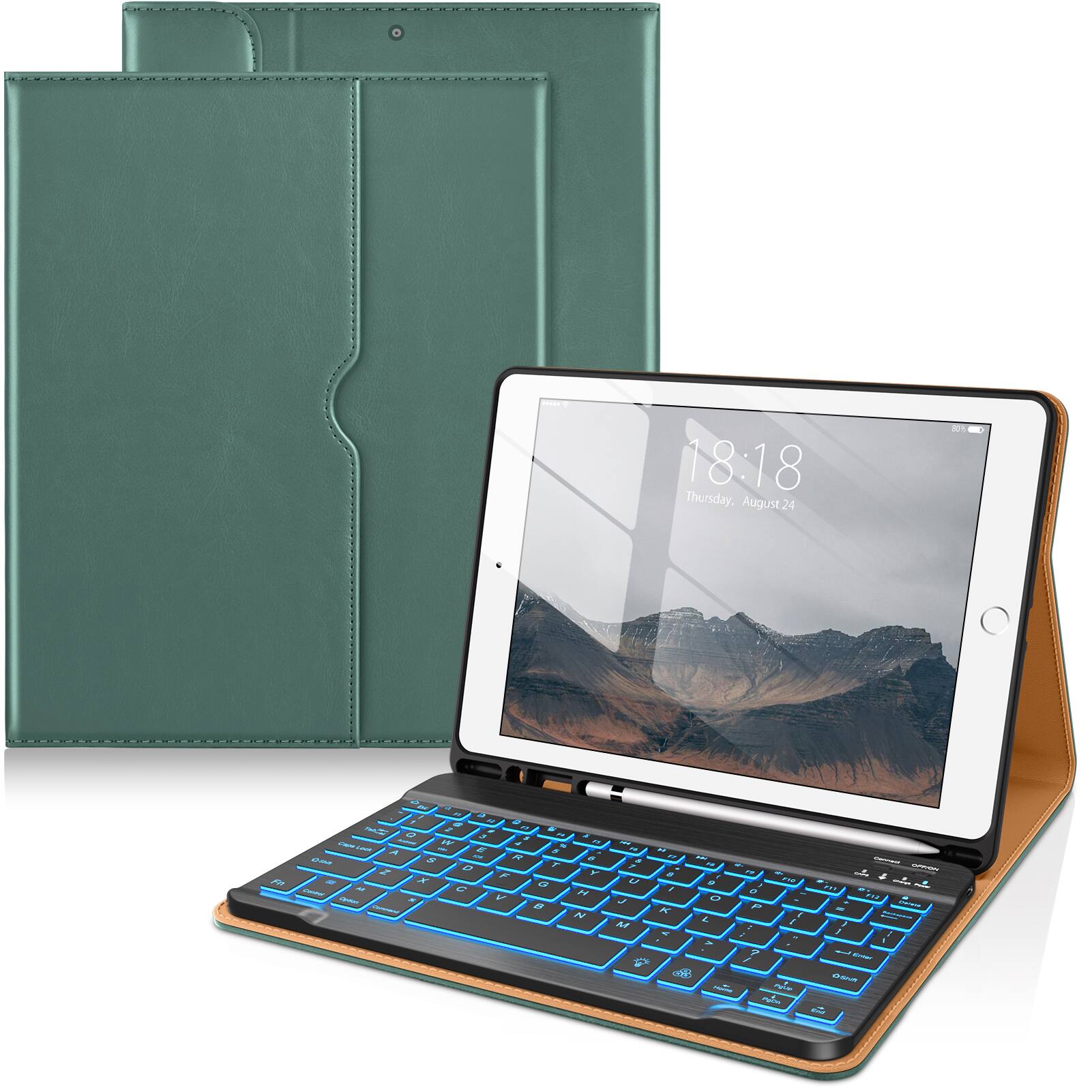 DTTO - Case for iPad 10.2" (7th/8th/9th Gen) Case with Detachable Backlit Keyboard, Pencil Holder & Pocket - Midnight Green