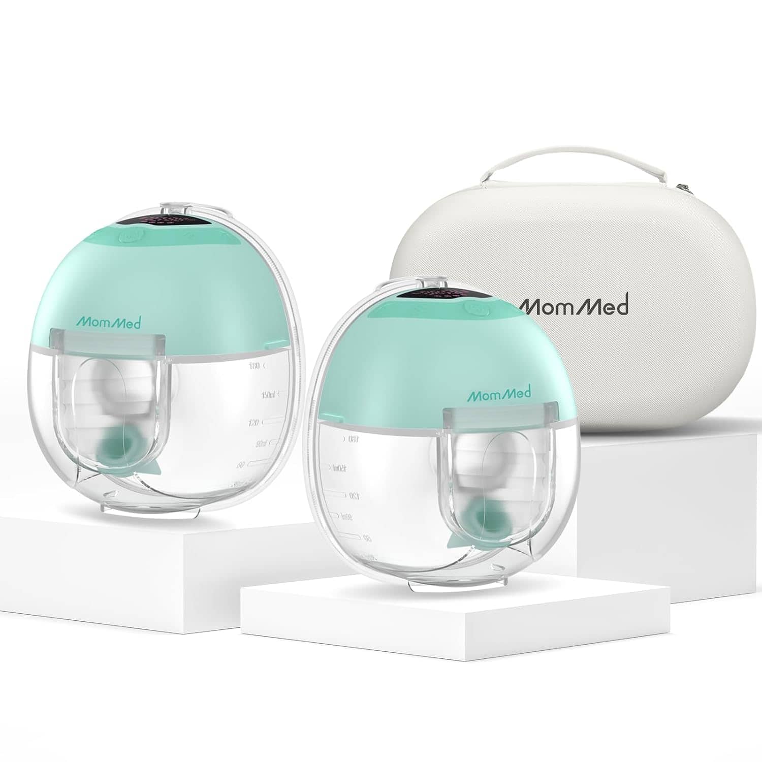 MomMed - Wearable Breast Pump Double Pro with Case - Ultra-Quiet & Leakproof Hands-Free Pump with Night Light, 4 Modes - Green