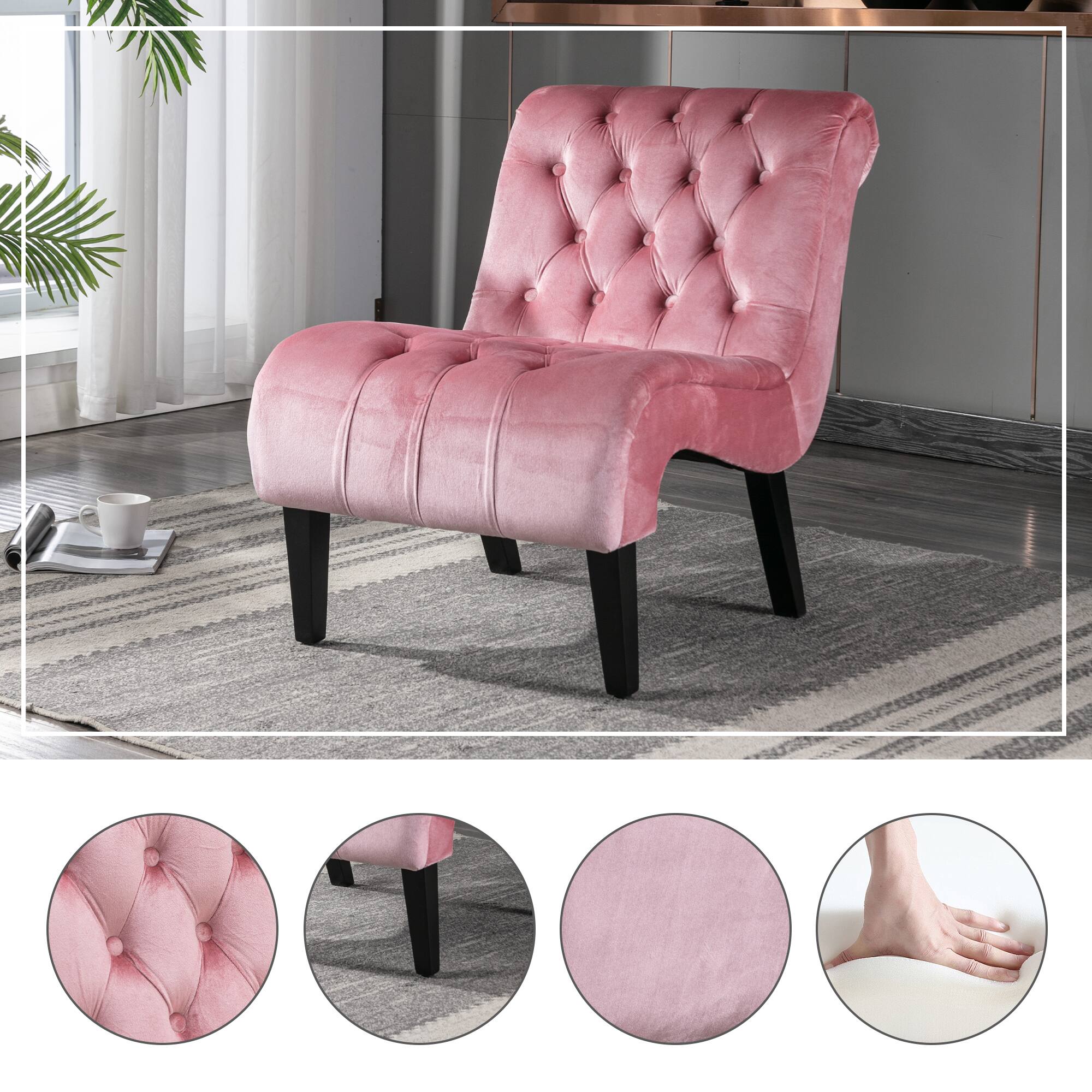 Alt View 1. Trinkets Crazed - Velvet Accent Lounge Chair for Living Room, Modern Leisure Chair with Tufted Backrest, Indoor Armless Side Chair - Pink.