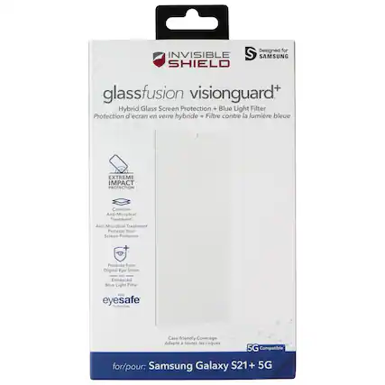 Designed for INVISIBLE SHIELD glassfusion visionguard+ Hybrid Glass Screen Protection + Blue Light Filter Protection d'écran en verre hybride + Filtre contre la lumière bleue EXTREME IMPACT PROTECTION Contains Anti-Microbial Treatment Anti-Microbial Treatment Protects Your Screen Protector + Protects from Digital Eye Strain with Enhanced Blue Light Filter With eyesafe technology Case-friendly Coverage Adapt a toutes les coques 5G Compatible for/pour: Samsung Galaxy S21 + 5G