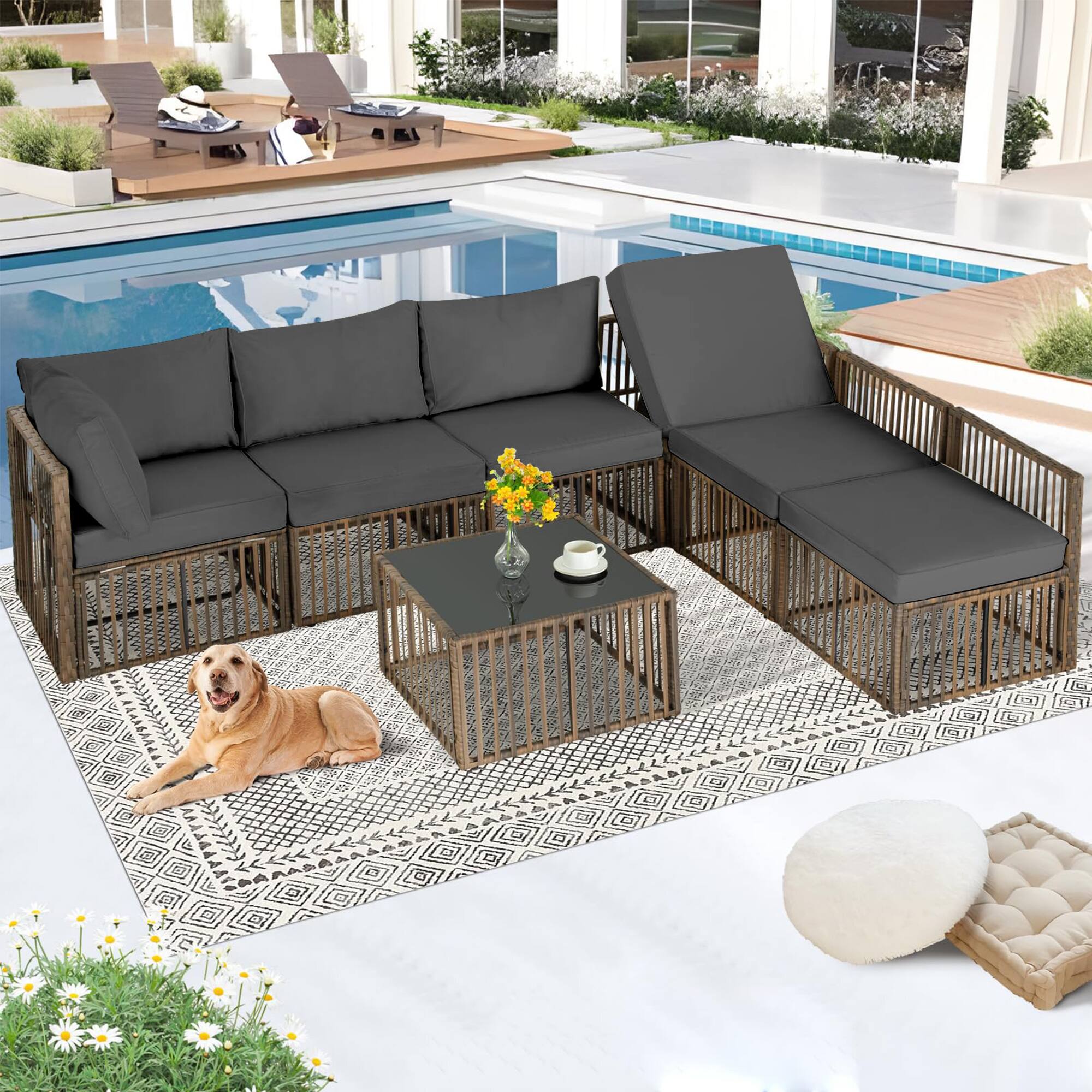 Left. Ainfox - Ainfo 7 Pieces Outdoor Patio Furniture Set,Wicker Outdoor Sectional Conversation Couch Set for Garden Porch Poolside - brown and gray.
