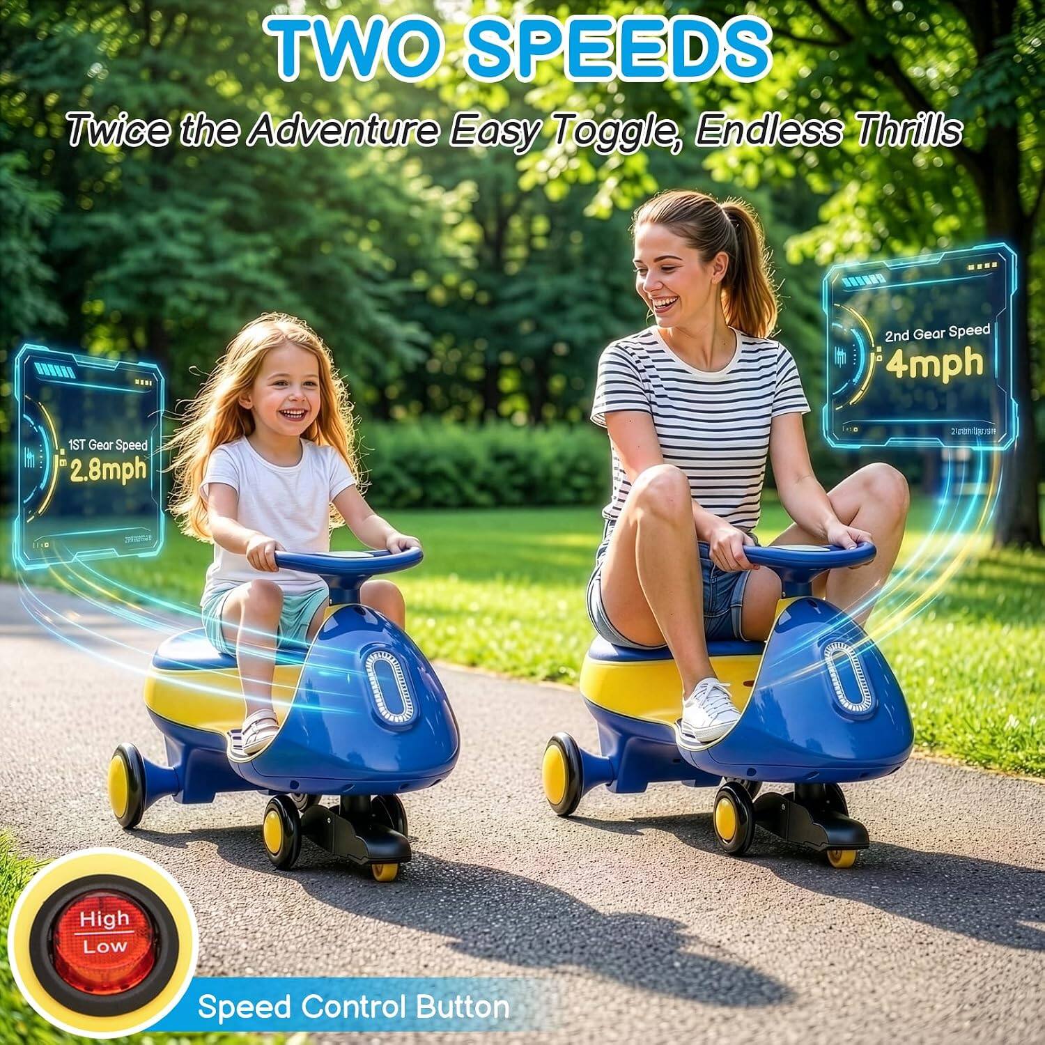 TWO SPEEDS  
Twice the Adventure Easy Toggle, Endless Thrills  

1ST Gear Speed 2.8mph  
2nd Gear Speed 4mph  

High Low  
Speed Control Button