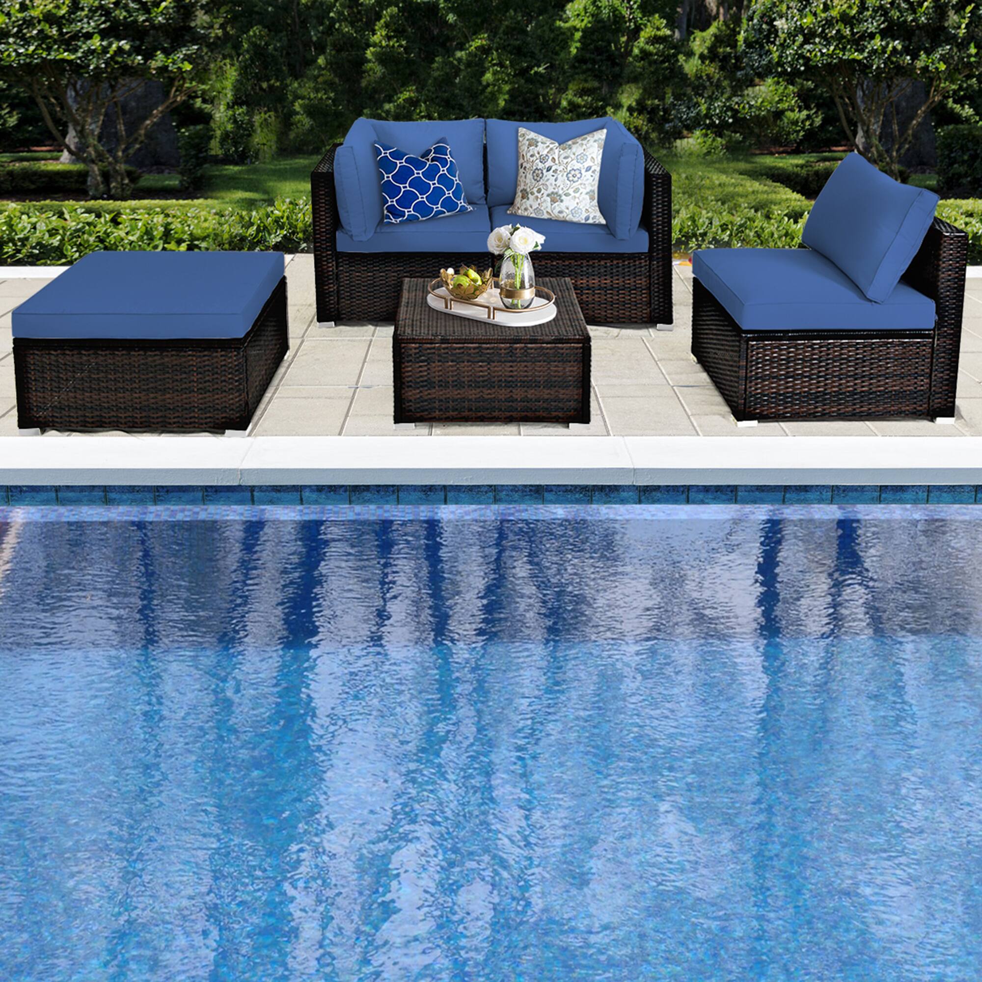 Alt View 4. Gymax - Gymax 5PCS Rattan Patio Conversation Set Outdoor Furniture Set w/ Ottoman Navy Cushion - Navy.