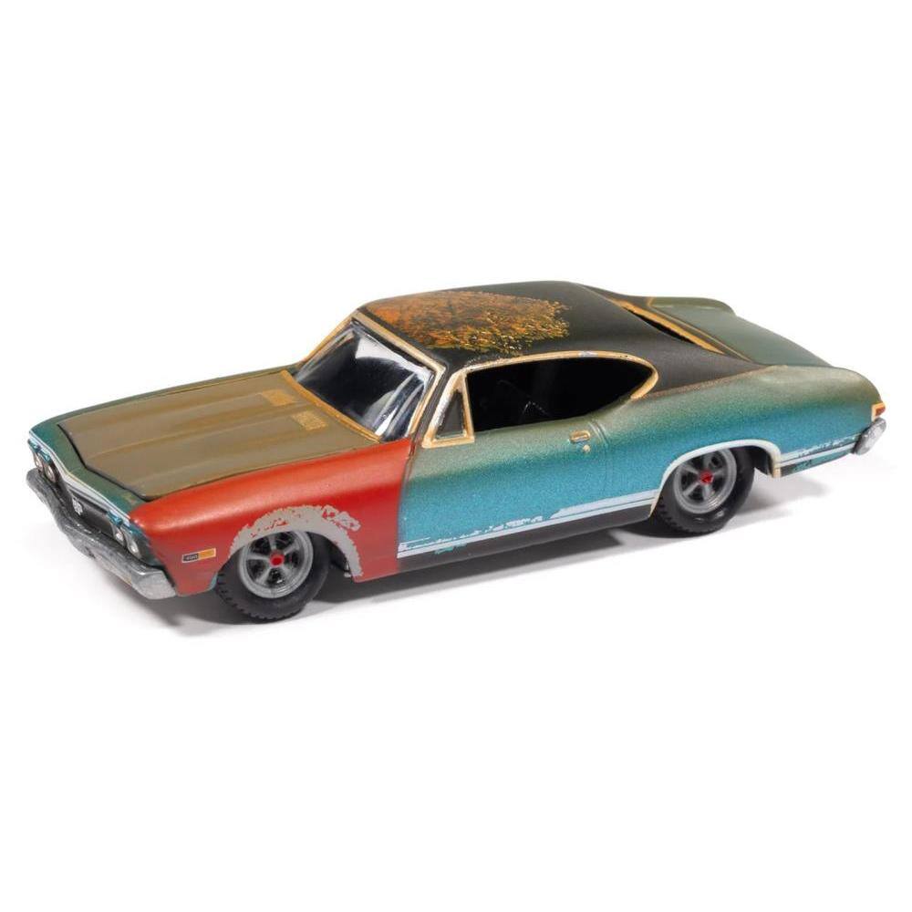Angle. Johnny Lightning - 1968 Chevrolet Chevelle SS 396 Tripoli Turquoise (Weathered) "Project in Progress" Series 1/64 - Multicolor.