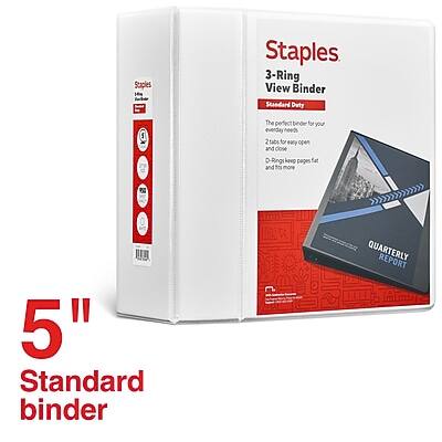 Staples  
3-Ring View Binder  
Standard Duty  

The perfect binder for your everyday needs  
2 tabs for easy open and close  
D-rings keep pages flat and easy to flip  
QUARTERLY REPORT  

5" Standard binder