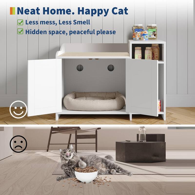 Neat Home. Happy Cat

- Less mess, Less Smell
- Hidden space, peaceful please