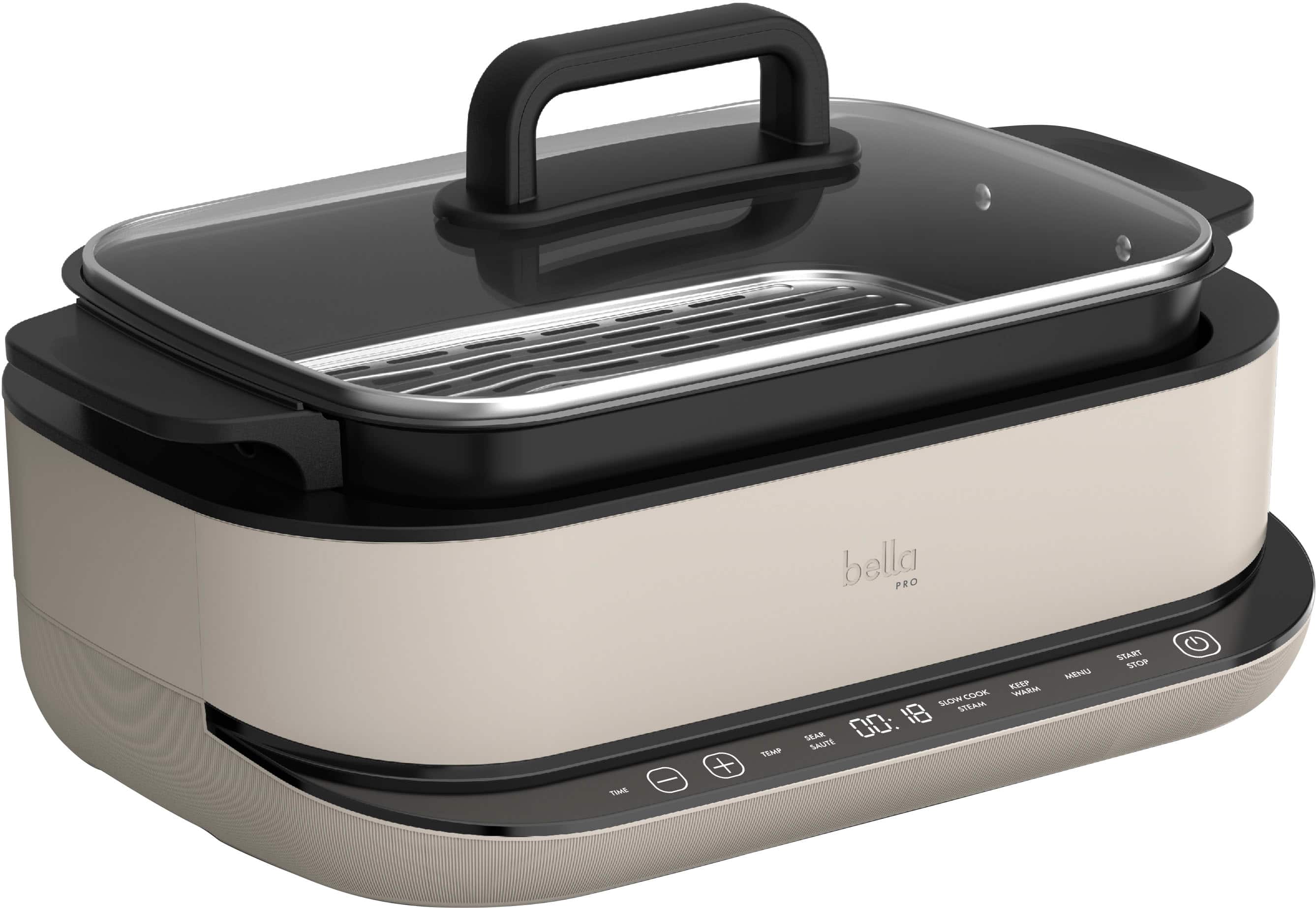 Bella Pro is a versatile cooking appliance that offers various cooking modes, including steam, saute, and warm. It has a stainless steel exterior and a clear glass lid, making it easy to see the food being cooked. The appliance is designed for easy use and cleaning, making it a convenient addition to any kitchen.