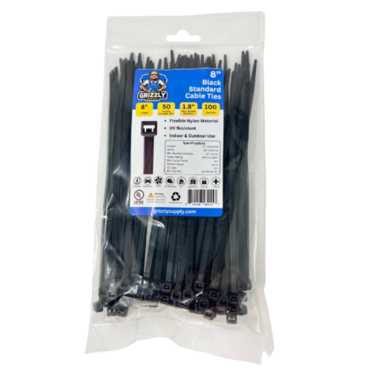 GRIZZLY Y On 8" 50 8" Black Standard Cable Ties 1.8" 100 Flexible Nylon Material UV Resistant Indoor & Outdoor Use Specifications - UL E grizzlysupply.com