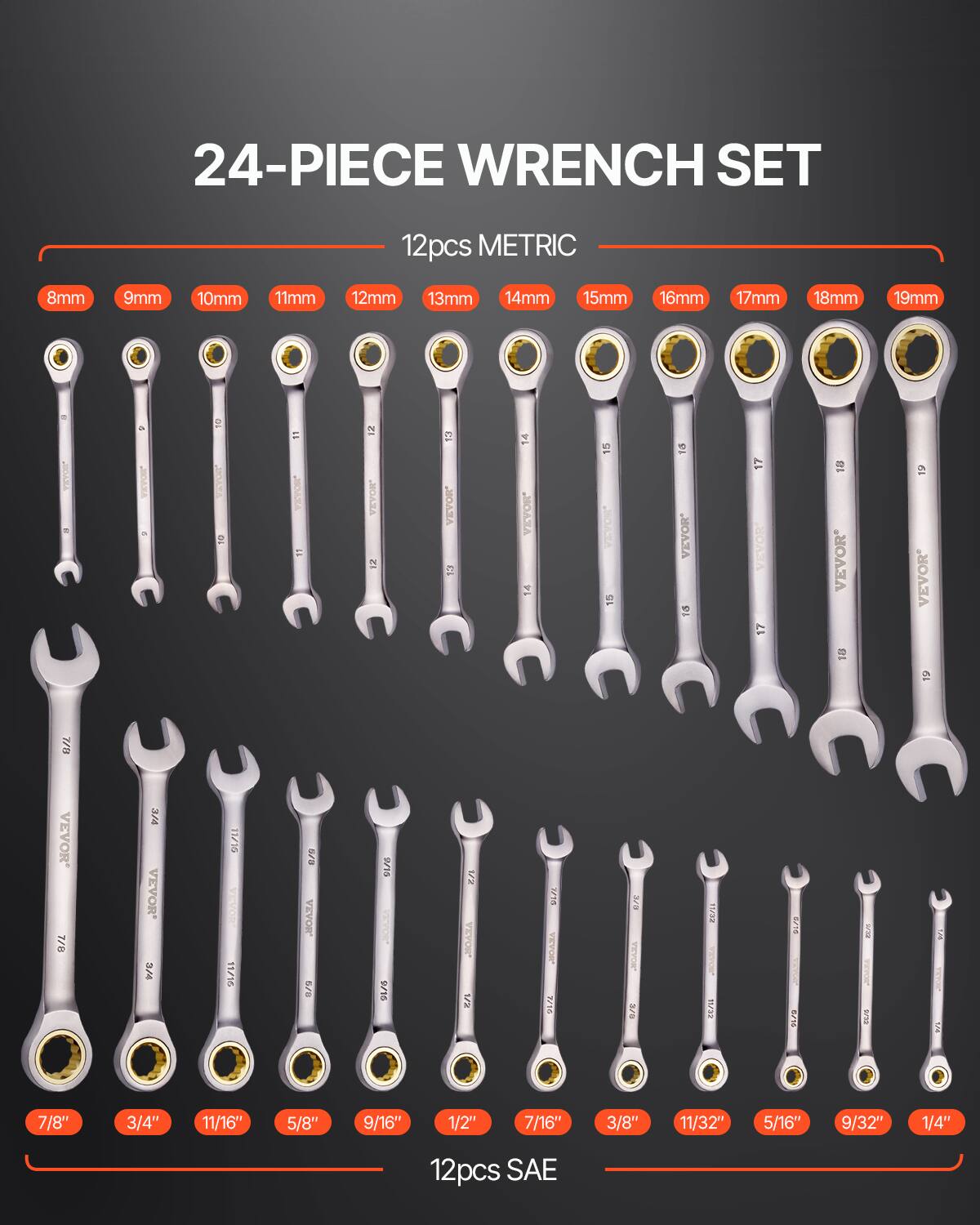 24-PIECE WRENCH SET

12pcs METRIC
8mm 9mm 10mm 11mm 12mm 13mm 14mm 15mm 16mm 17mm 18mm 19mm

12pcs SAE
7/8" 3/4" 11/16" 5/8" 9/16" 1/2" 7/16" 3/8" 11/32" 5/16" 9/32" 1/4"