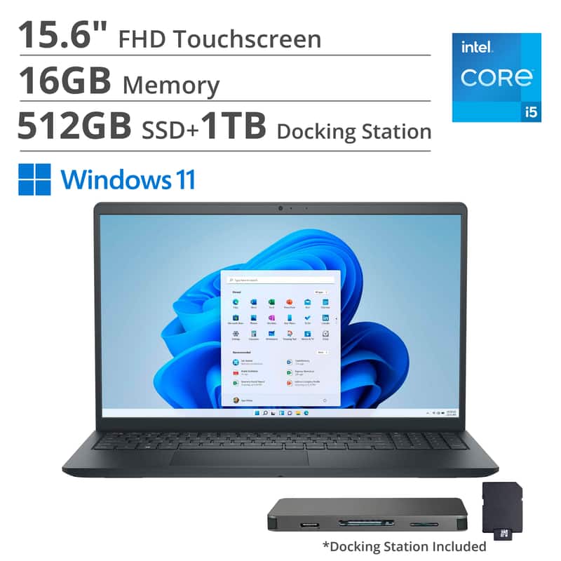 Dell - 15.6" 2K Touch Laptop,Intel i5 1334U,16GB RAM,512GB SSD+1TB Dock Set,Intel UHD GPU,Numeric Pad,Win 11 - Black