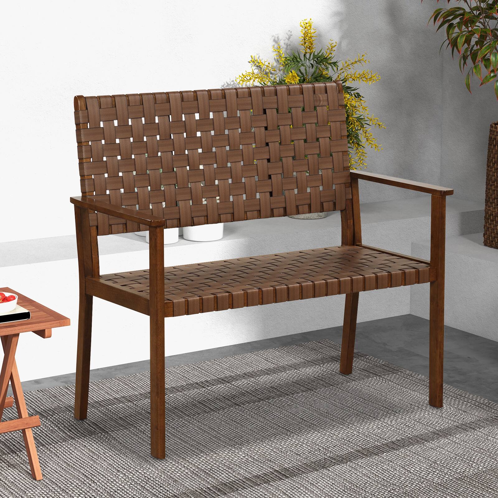 Alt View 1. Costway - Costway Patio Loveseat All Weather Bench w/Solid Rubber Wood Frame&Hand Woven PU Leather - Natural.